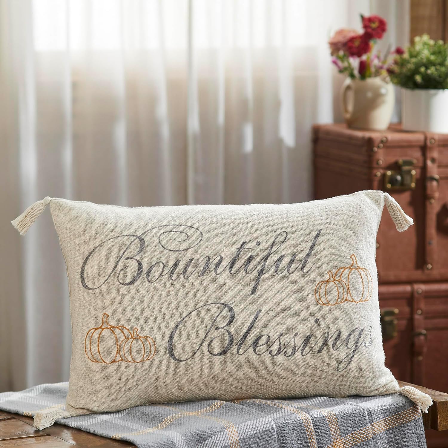 VHC Brands Harvest Market Fresh Picked Pumpkin Truck Pillow 18x18, Decorative Fall Throw Pillow, Primitive Decor for Fall and Thanksgiving