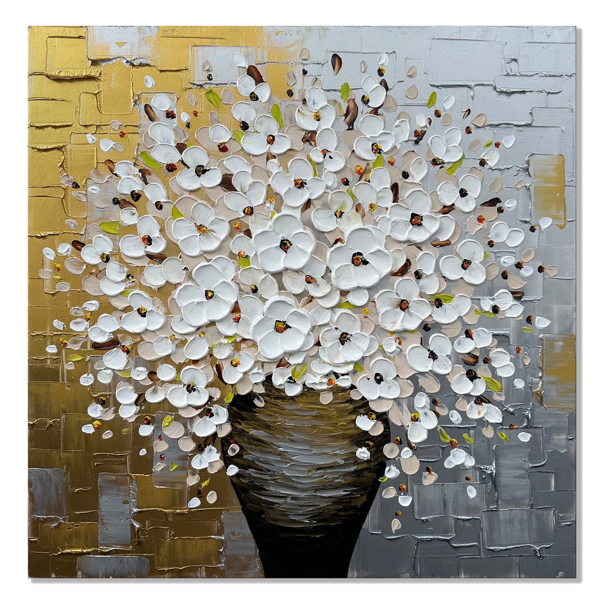 Alenoss Hand Painted 3D Modern Oil Paintings on Canvas Flower Canvas Wall Art Metal Textured Acrylic Painting Floral Artwork Contemporary Art Wall Decor 24x24 Inches