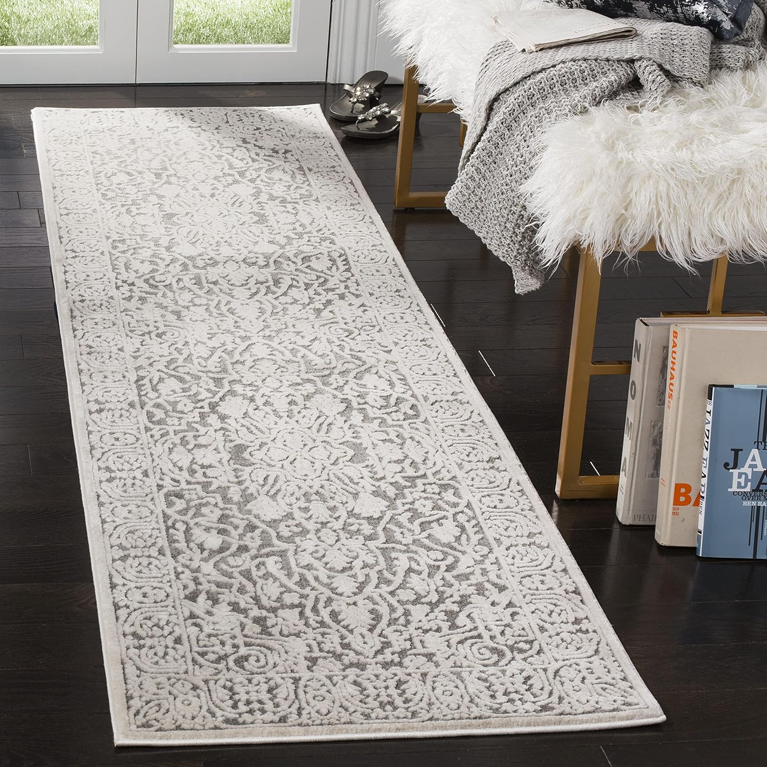 SAFAVIEH Reflection Collection Runner Rug – 2’3″ x 14′, Dark Grey & Cream, Boho Tribal Distressed Design, Non-Shedding & Easy Care, Ideal for High Traffic Areas in Living Room, Bedroom (RFT670B)