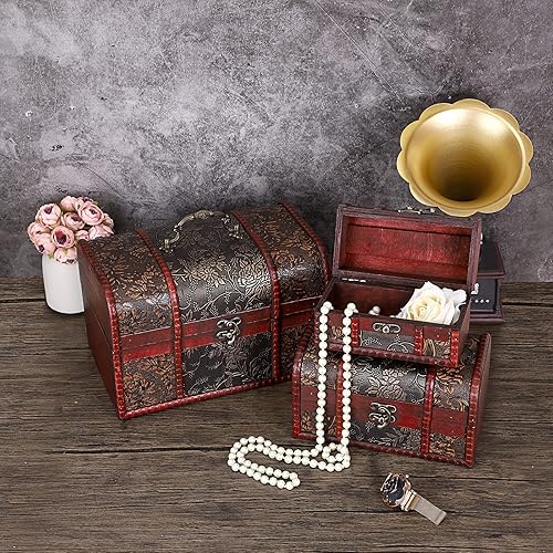 Miniatura 9 de ELLDOO Caja de cofre del tesoro vintage, caja de recuerdos pirata para regalos de niños, caja de almacenamiento de tesoros de madera, caja