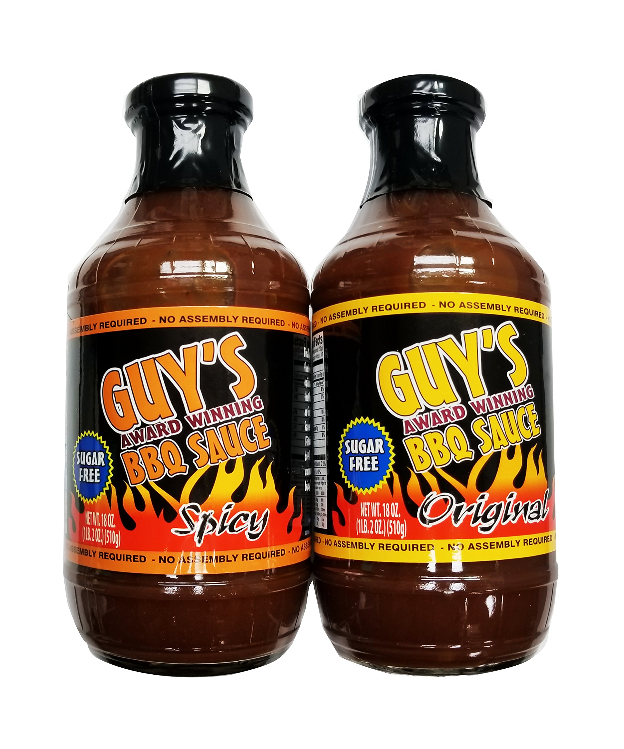 Guy'sAward Winning Sugar Free BBQ Sauce - Original & Spicy Combo Pack - 18 oz Bottle of Each Original and Spicy Barbecue Sauces