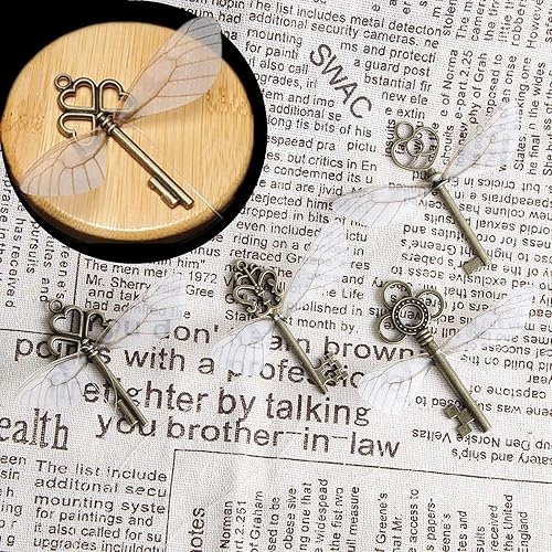 Miniatura 5 de Llaves de esqueleto grandes vintage, dijes encantados voladores con 40 pares de alas de libélula 40 piezas grandes de 100 pies de cadena elástica de