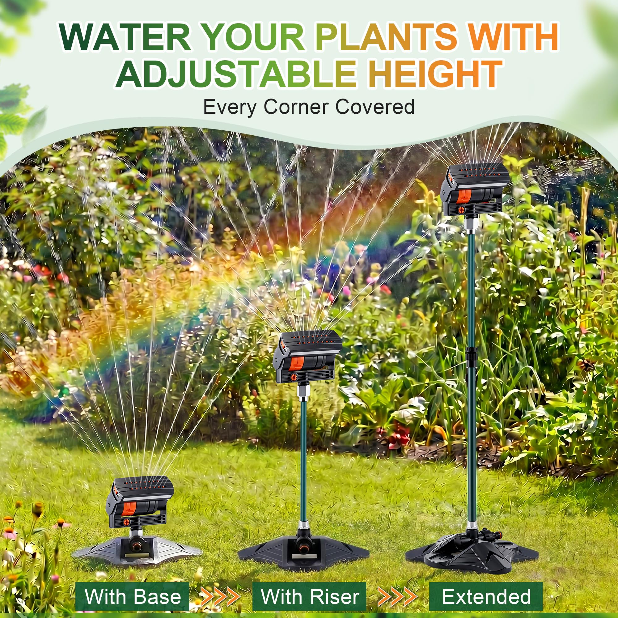 Oszillierender Sprinkler mit verstellbarer Aluminiumerhöhung, 4-Wege-Rasensprinkler für Hof und Garten, 16 Düsen, Abdeckung bis zu 4,069 m². Ideal für die Bewässerung verschiedener Höhen