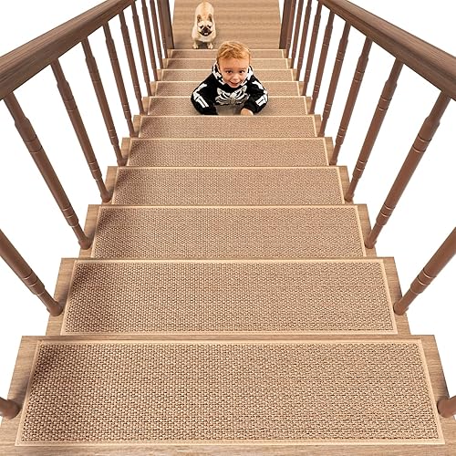 PADOOR Non Slip Stair-Treads, Rubber Backing Stair-Runners for Wooden Steps, 7PCS Residue Free Carpet Stair Treads for Kids and Dogs 8"x30" Beige - 7PCS - Beige