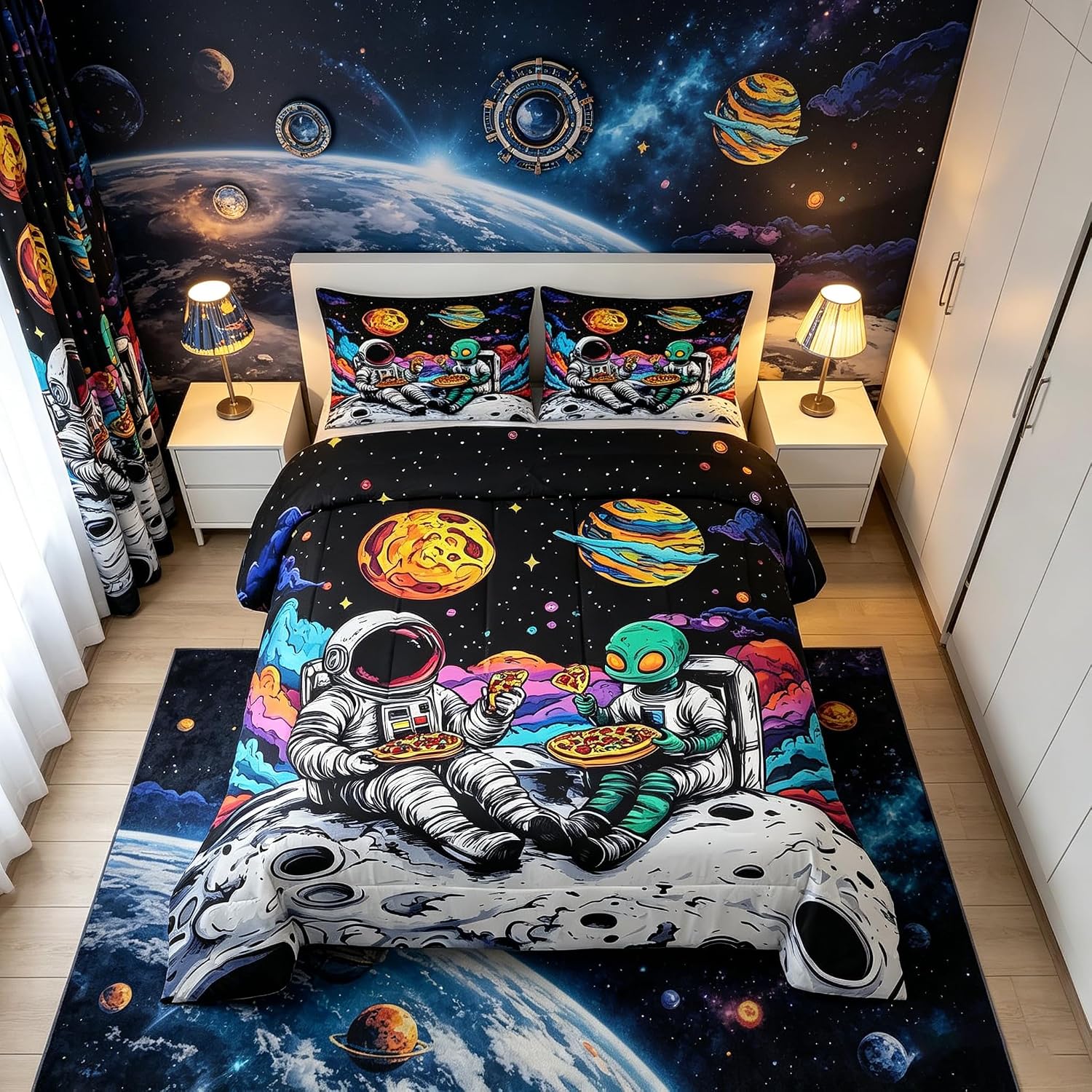 Manfei Funny Space Astronaut Alien Comforter Set Full Size,Trippy Universe Planet Bedding Set 3pcs,Psychedelic Galaxy Down Comforter for All Season,Kids Boys Girls Room Decor,2 Pillowcases,No Sheets