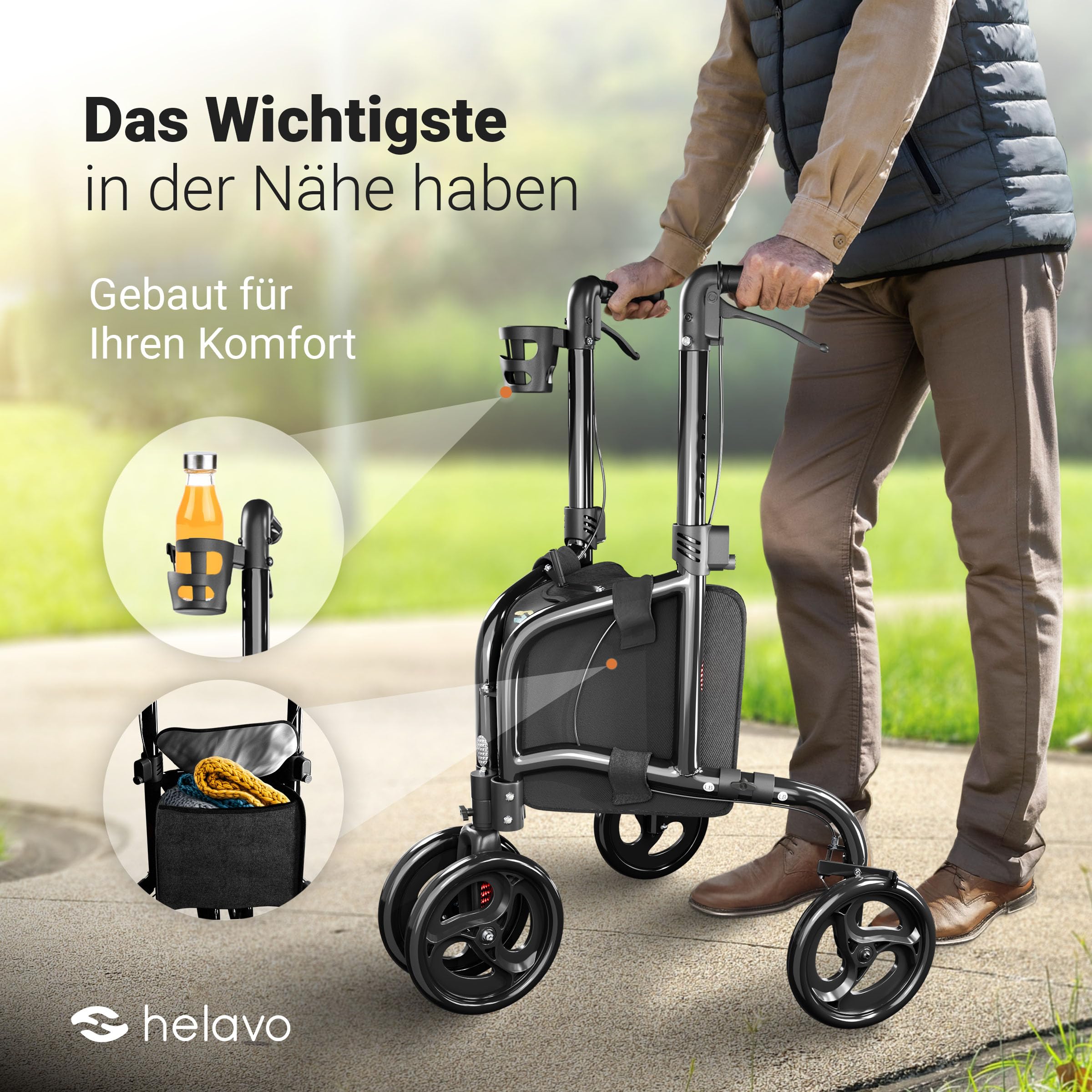 Helavo Rollator mit 3 Rädern - 5,5 kg leicht - Für Wohnung & Draußen | Aluminium-Dreiradrollator mit maximaler Stabilität dank doppeltem Vorderrad - Inkl Transporttasche - Höhenverstellbare Griffe