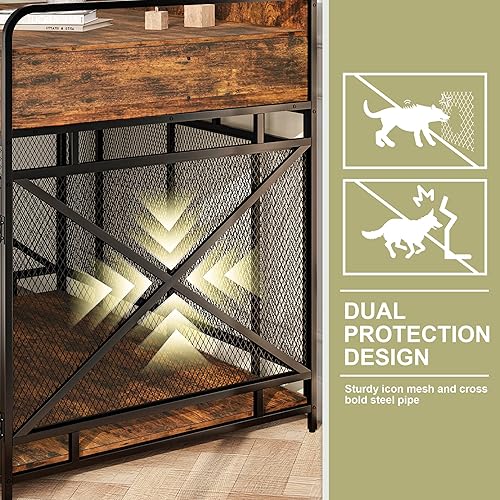 Miniatura 10 de Fulhope Muebles de jaula para perros, mesa auxiliar de madera para perros, perrera de 43 pulgadas con 3 cajones de almacenamiento, jaula de perro