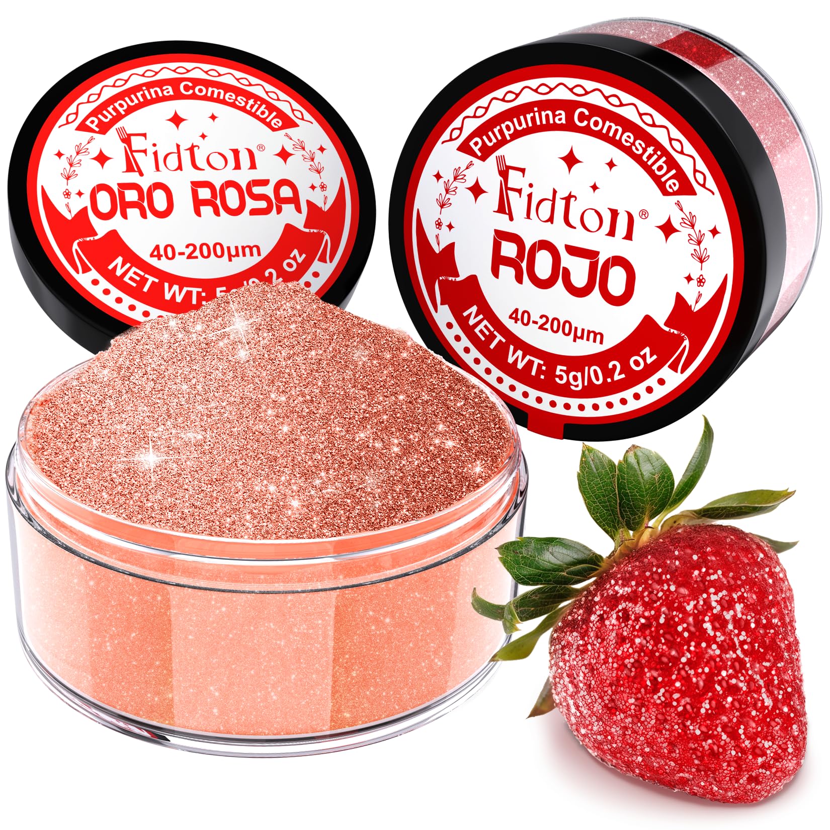 Purpurina Comestible Fidton 2 Colores Colorante Alimentario Reposteria Polvo Set 5 g Oro Rosa y Rojo