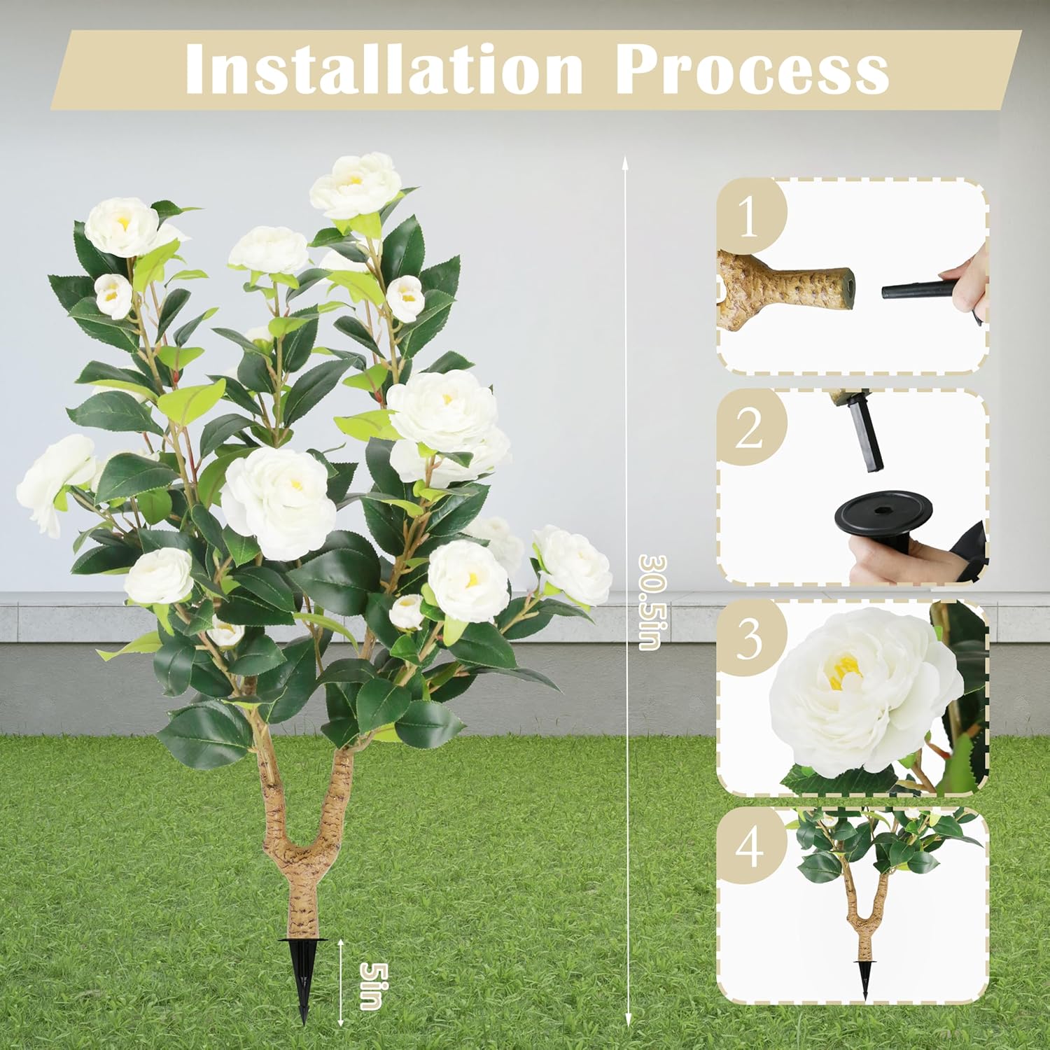 Sunnyglade 2 Packs 35.5" Artificial Camellia Tree, Faux White Camellia Flowers Plant with Spike, Fake Greenery Tree for Spring Home Front Door Outdoor Indoor Decoration (White)