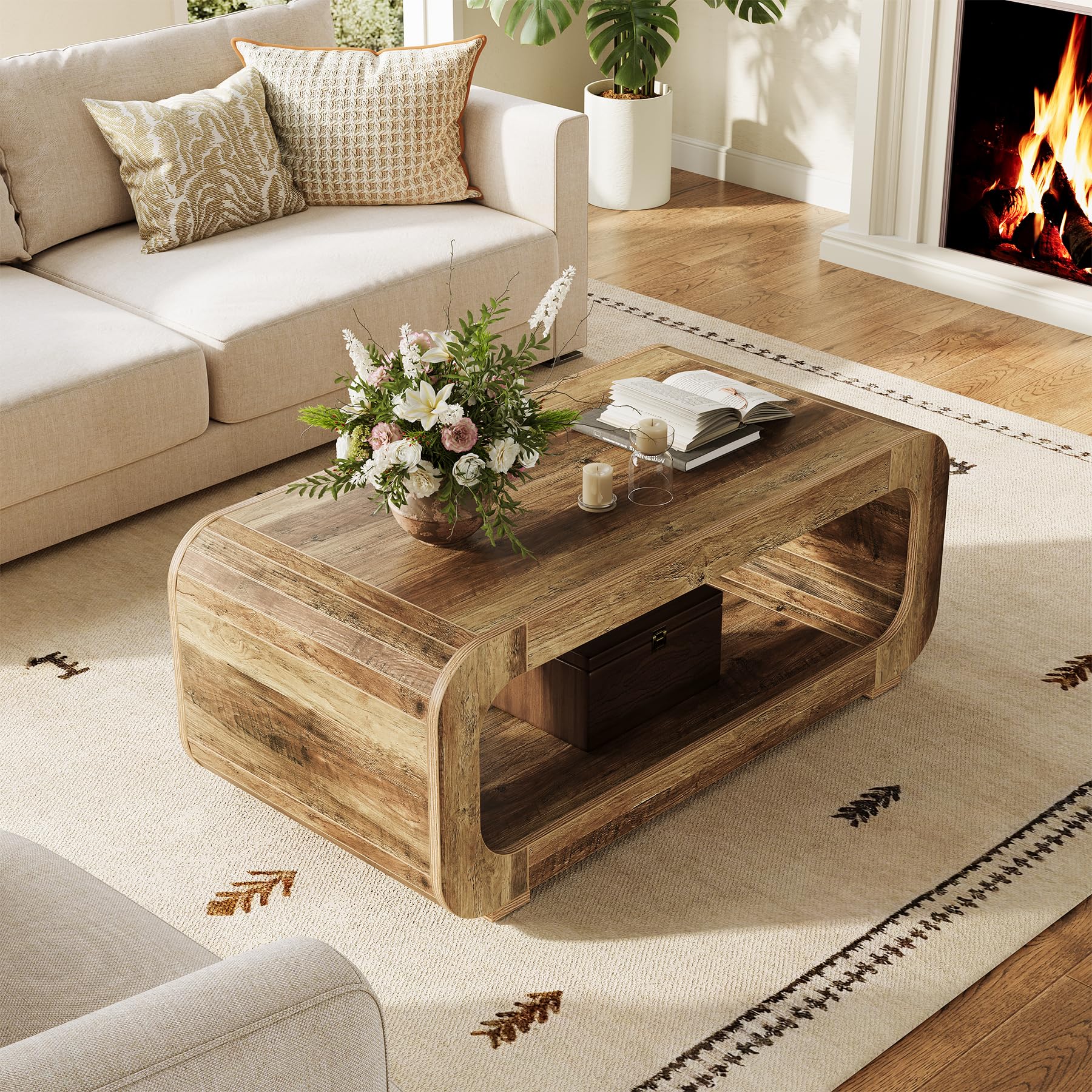 Tribesigns Couchtisch 120 cm mit offenem Stauraum, Rechteckiger Holz Wohnzimmertisch, Sofatisch mit 2 Ablagen, Kleiner Beistelltisch für Homeoffice, Wohnzimmer, Rustikal Braun