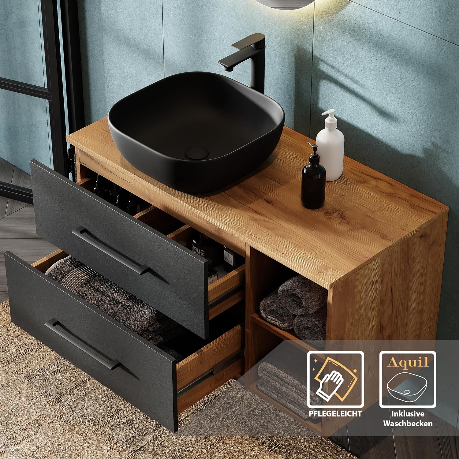 Set With 42 Cm Black Sink + Mirror (Without Led)