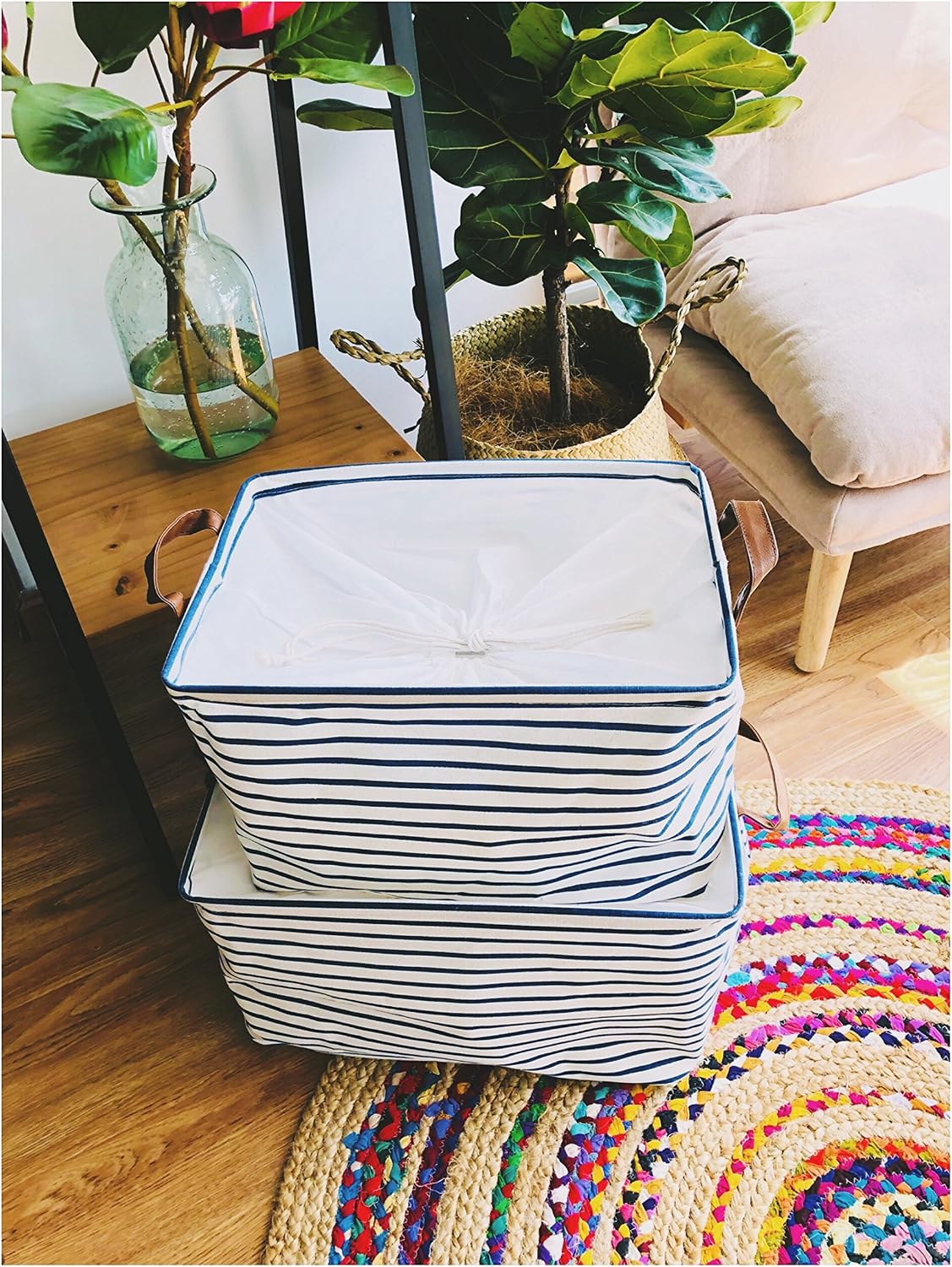 DOKEHOM 15-Inches Storage Basket with Lid, Drawstring Large Square Collapsible Canvas Laundry Hamper for Clothes Toy (Blue Stripe, M)