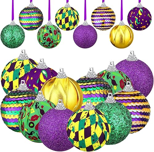 Thinkday 16 adornos de bola de Mardi Gras, decoración colgante de lentejuelas de 1.97 pulgadas con cuerda, adorno de árbol de carnaval verde y