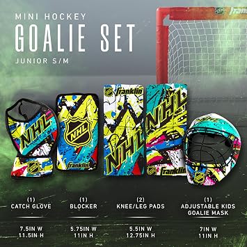 Franklin Sports NHL Youth Knee Hockey Goalie Pads + Helmet Set - Kids Knee + Mini Hockey Goalie Gear + Equipment - (2) Leg Pads, Catch Glove, Blocker + Mask Included - Graffiti