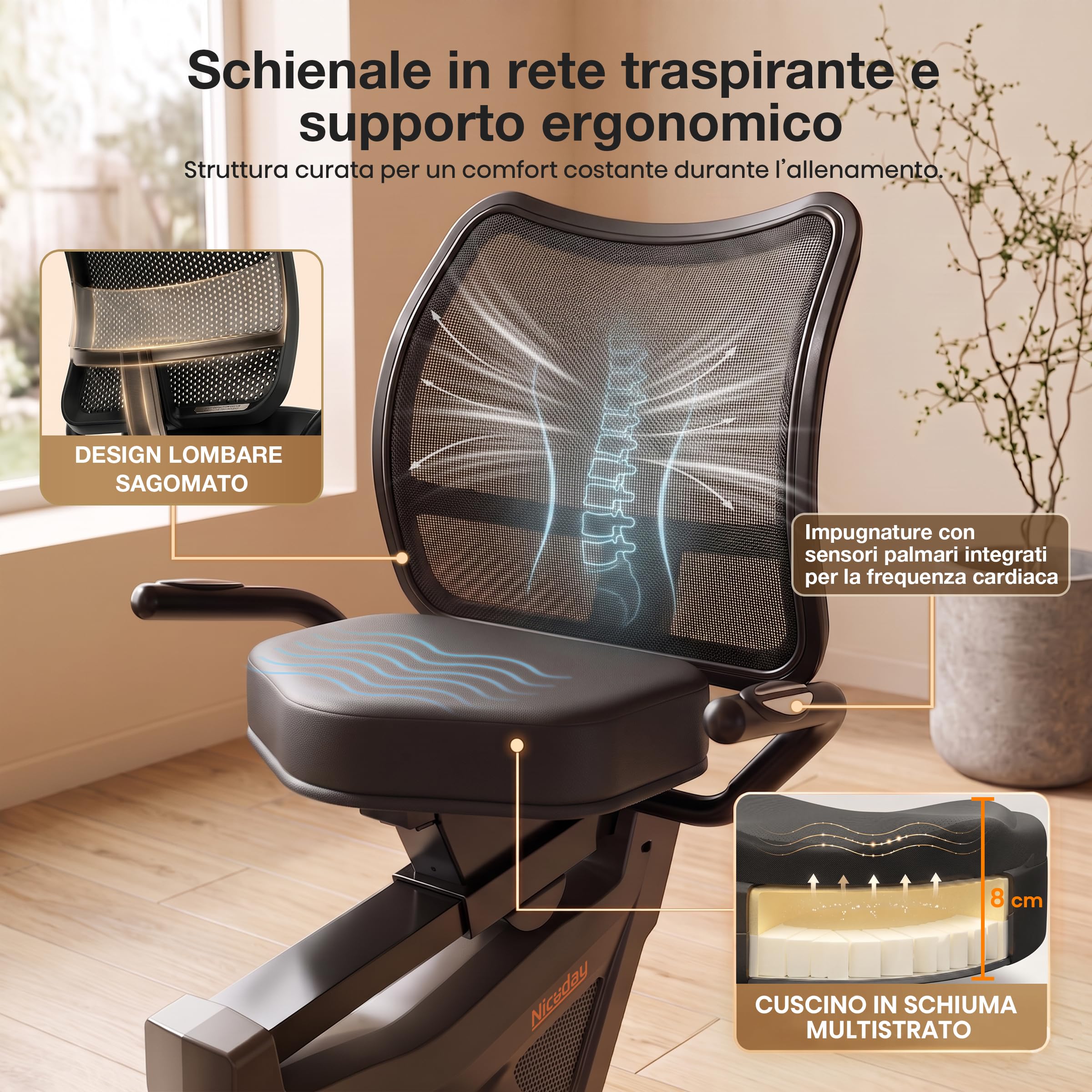 Niceday Cyclette reclinata per anziani, bici da casa silenziosa con 16 livelli di resistenza, sedile ergonomico con schienale, allenamento delicato sulle articolazioni, preassemblata all’85%