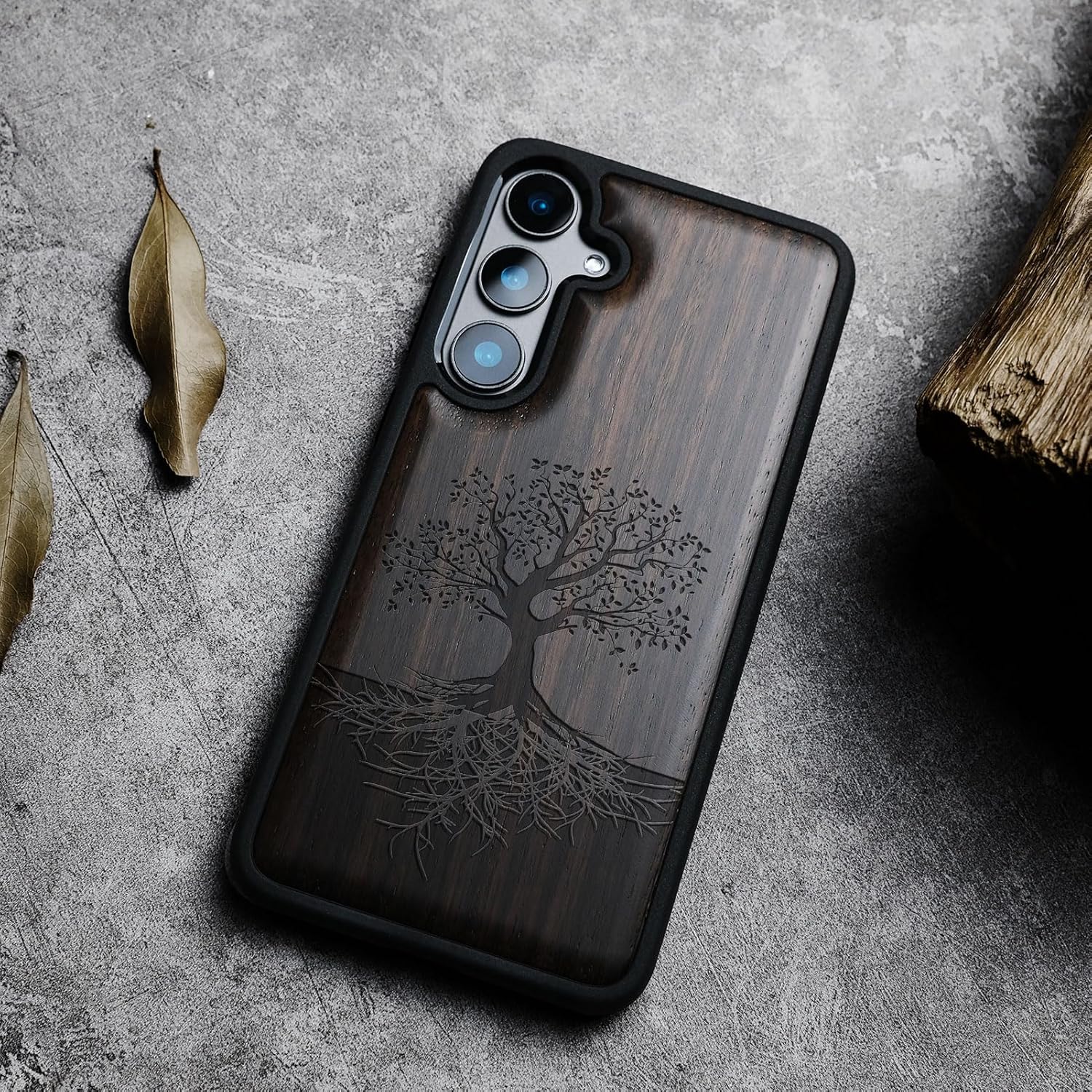 Carveit Wood Case for Galaxy S24 - Natural Wood & Black Soft TPU Shockproof Protective Cover - Unique Wooden Design Compatible with Samsung S24 (Tree with Roots-Blackwood)