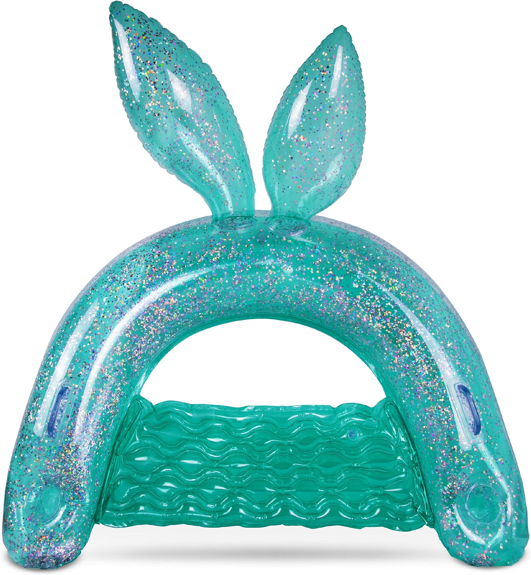 POZA Inflatable Bunny Pool Float Chair - Sparkle Confetti Lounge Inflatable Pool Floats, 2 Built in Cup Holders and Handles, Bunny Ears Inflatable Pool Lounger Floating Chair - 48x38 Inch