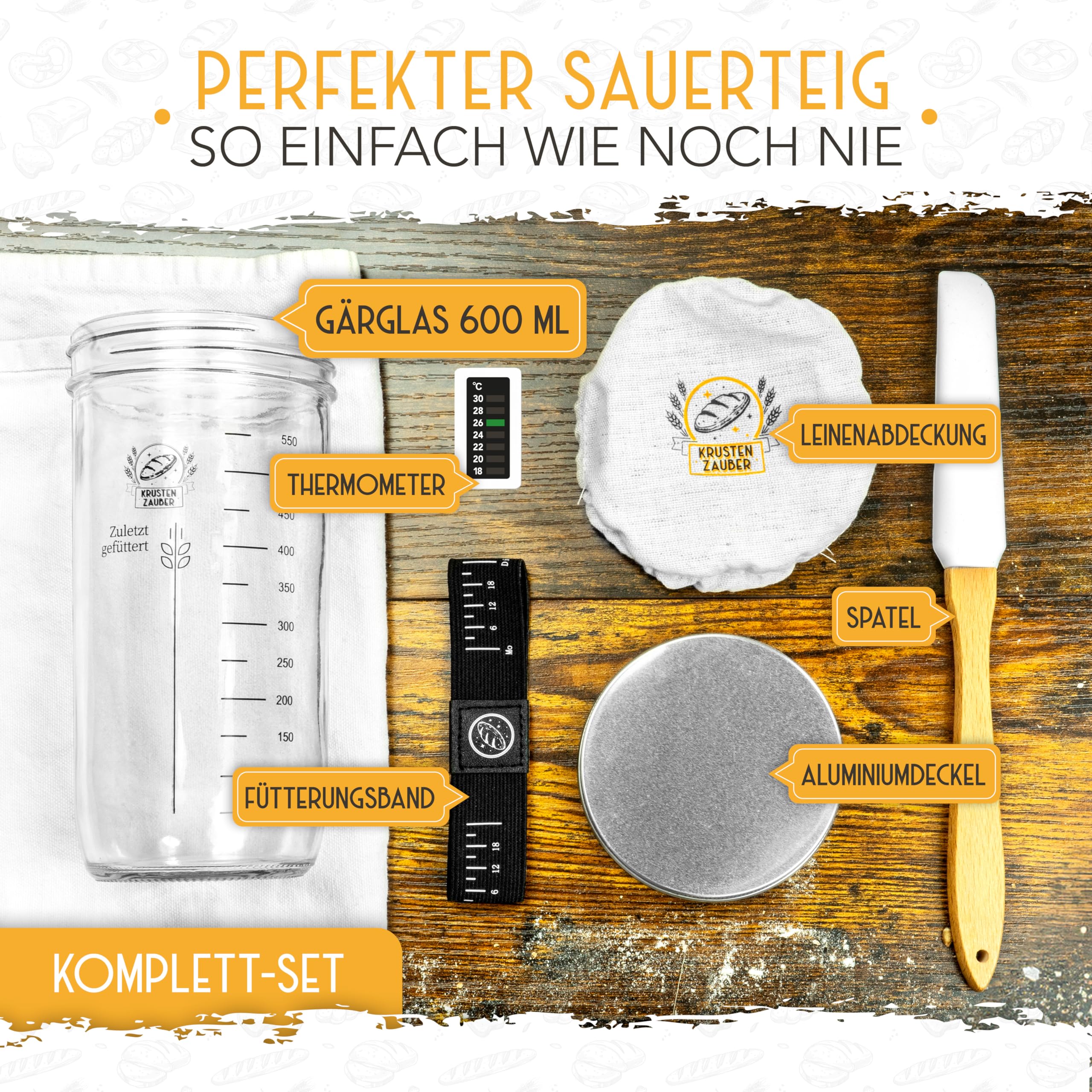 KRUSTENZAUBER 2er Set Gärkörbchen & 600ml Sauerteig Starter Set im Vorteilspack - Gärkörbe aus Rattan inkl. Gärtuch sowie Gärglas mit Spatel und Bäckermesser, Brot Backen Zubehör, Sauerteig-Glas
