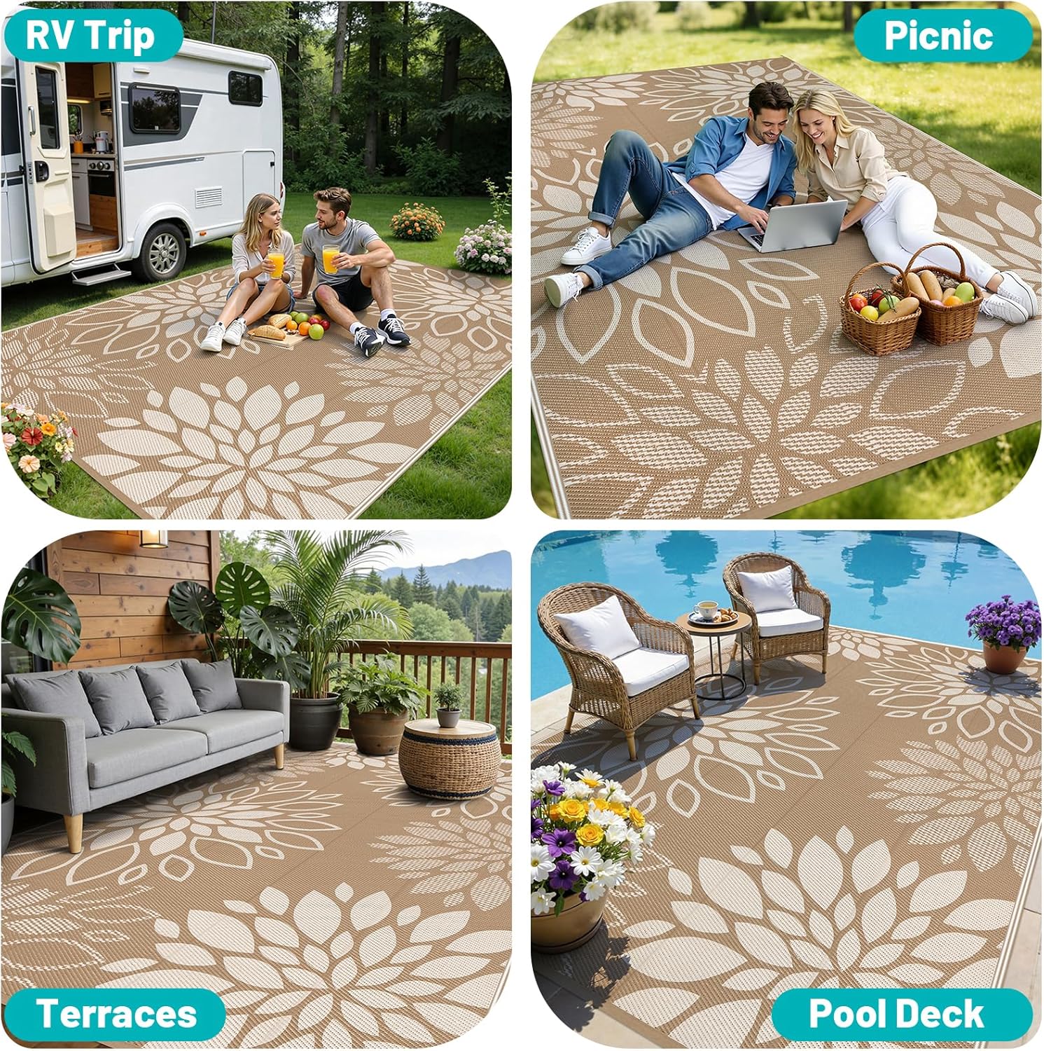 HEBE Waterproof Outdoor Rug 8x10 for Patios, Floral Reversible Plastic Straw Rug Patio Mat, Indoor Outdoor Carpet RV Mat Camping Rug for Deck, Camper, Porch, Balcony, Backyard, Picnic