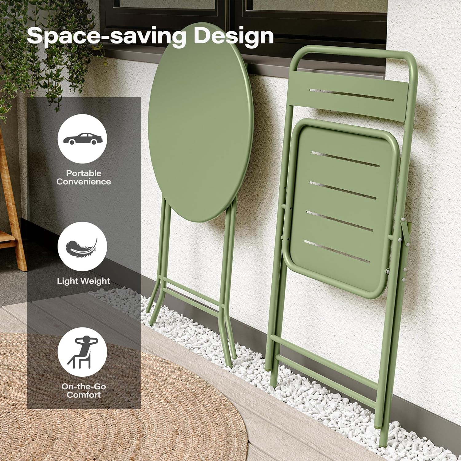 LAUSAINT HOME 3-Piece Steel Folding Bistro Set, Premium Weather-Resistant Patio Table & 2 Chairs for Balcony, Garden, Yard, Poolside & Indoor (Round, Green)