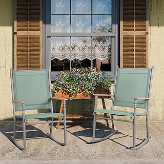 SUNLEI 2 PCS Balcony Chair Patio Furniture Set, Bistro Outdoor Rocking Chair Set with Wooden Armrest and Textilene Surface, for Hotel & Terrace, Green