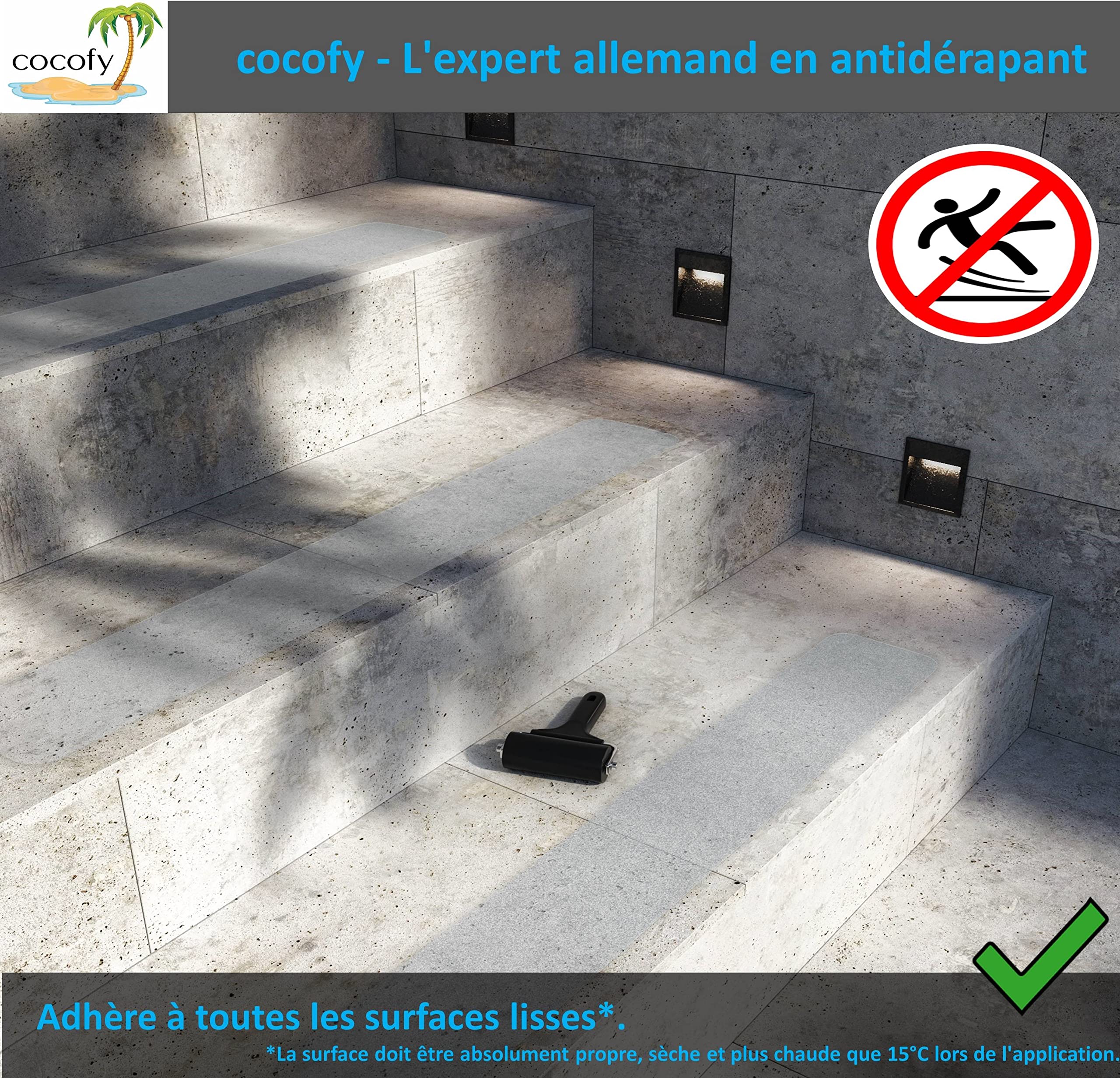 10 Bandes Antidérapantes Pour Escaliers COCOFY - 61x10cm - Extérieur/Intérieur - Adhérence Forte