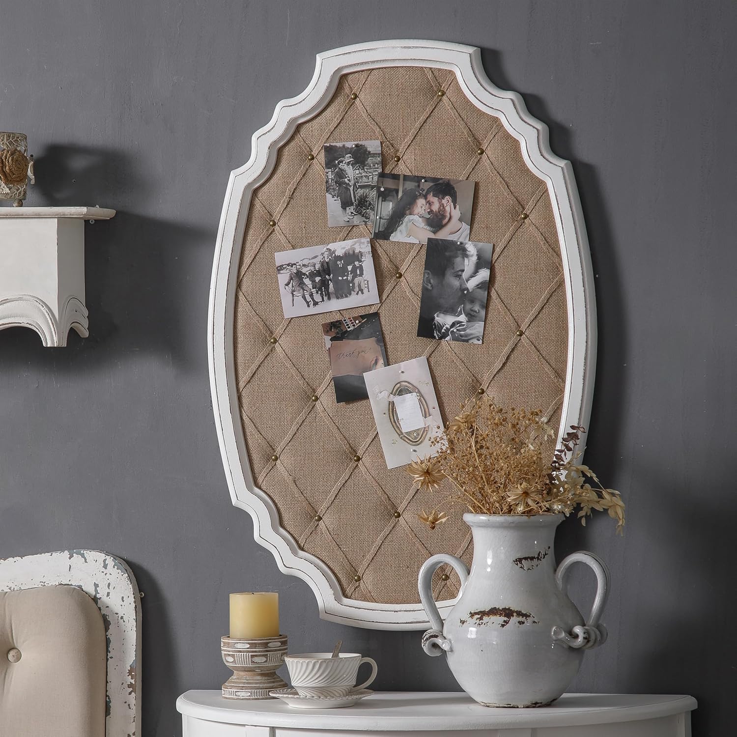 SOFE Large Fabric Bulletin Board with Ribbon, 35 × 24 Inches Pinboards for Wall, Wood Framed Photo Display Board, Farmhouse Memo Board, Unique Decorative Hanging Memo Board