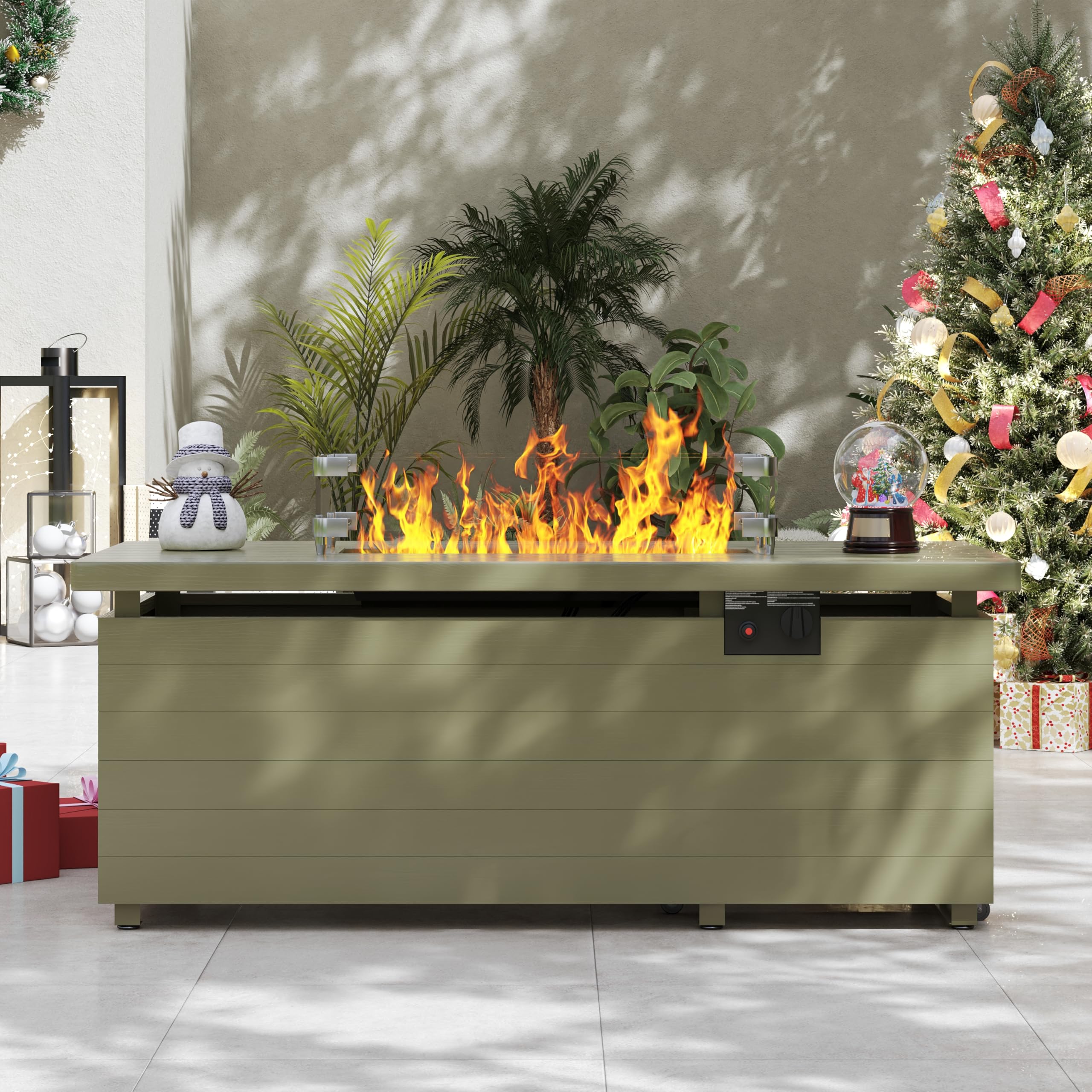 Sundale Outdoor 51 Inch Outdoor Fire Pit Table, 50,000BTU Rectangle Propane Fire Pit with Sliding Tank Holder, Glass Wind Guard, Dust Cover, Removable Lid, CSA Certified, Olive Green