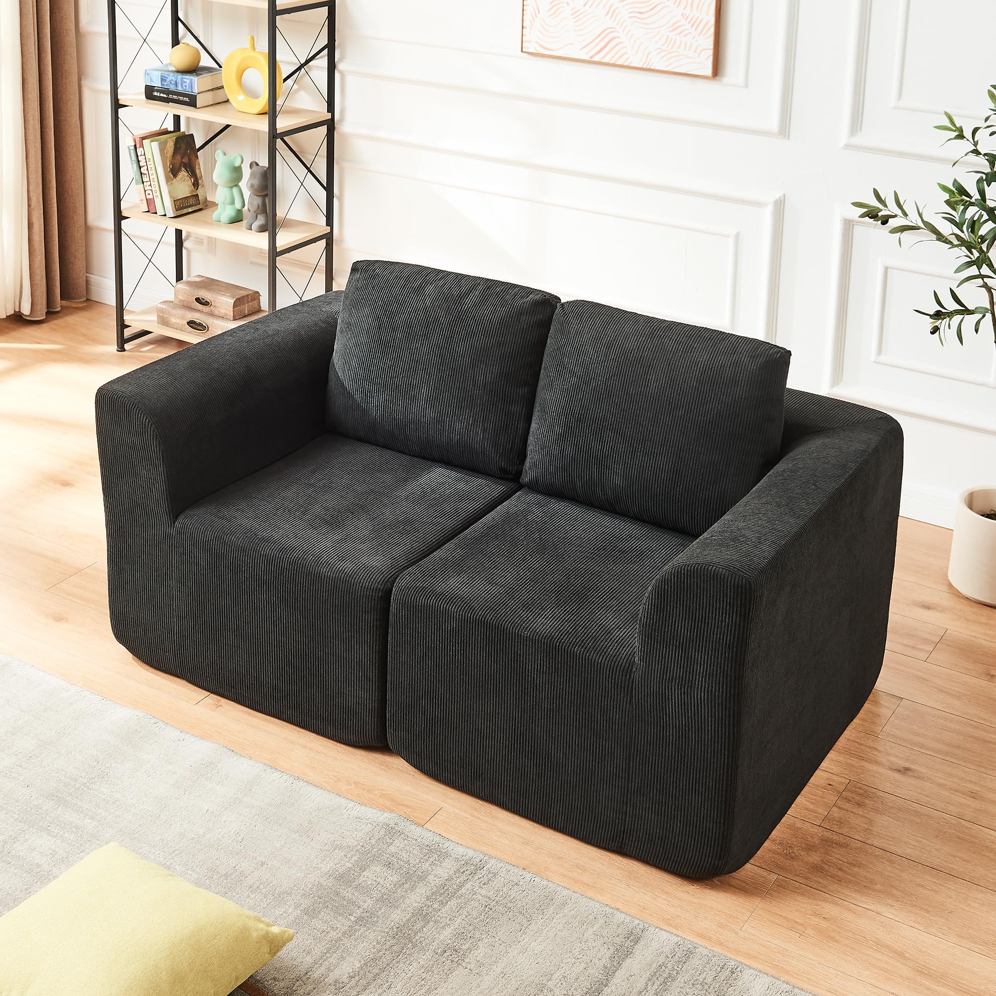 Panana 2 Seater Boneless Cloud Sofa, Modern Plush Corduroy Loveseat Modular Sofa with Deep Seat, No Assembly Required (146CM Length, Black)