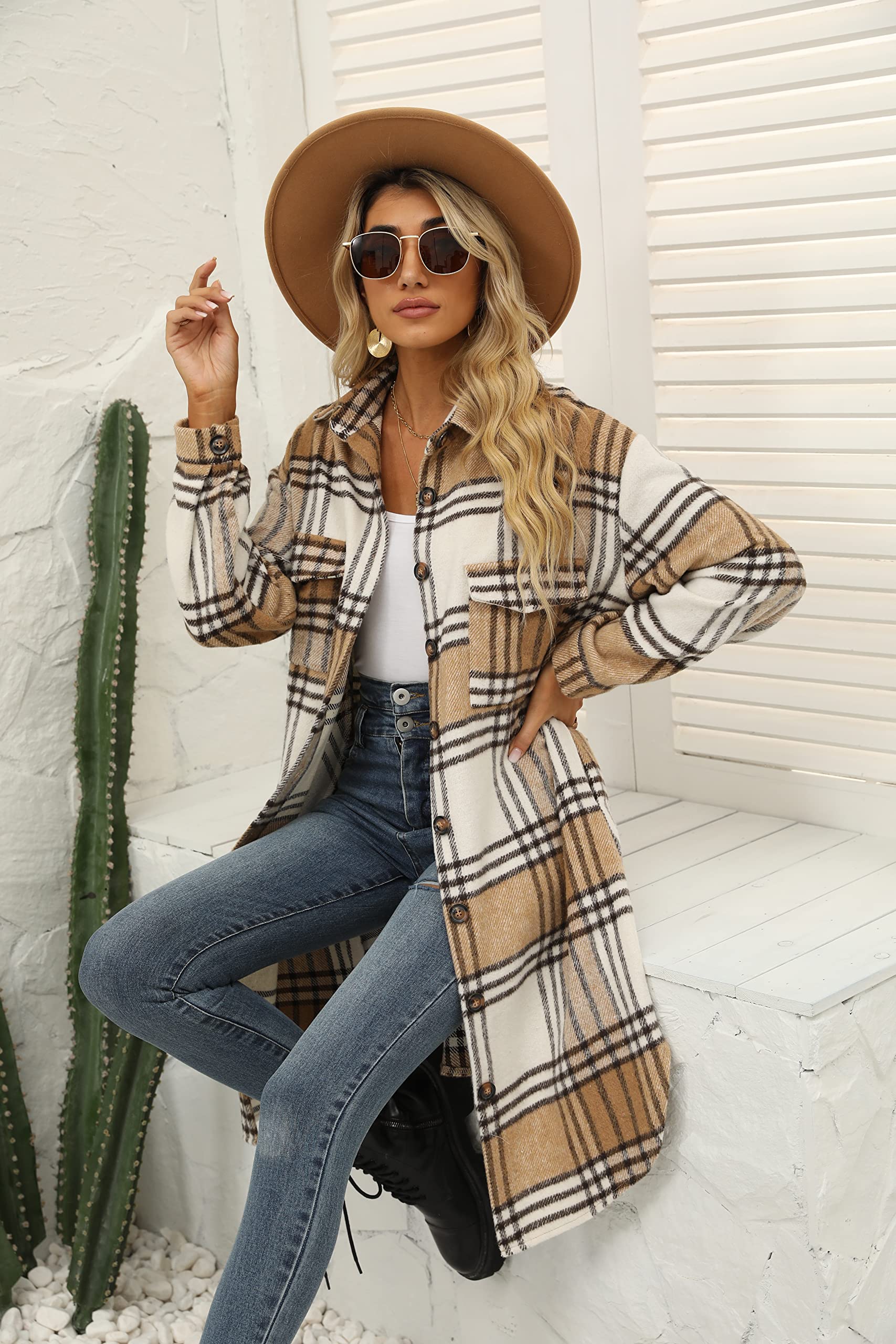 SeekMe Women's Long Plaid Shirt Jacket Shacket Lapel Button Down Woolen Blend Casual Tartan Over Shirt Trench Coat