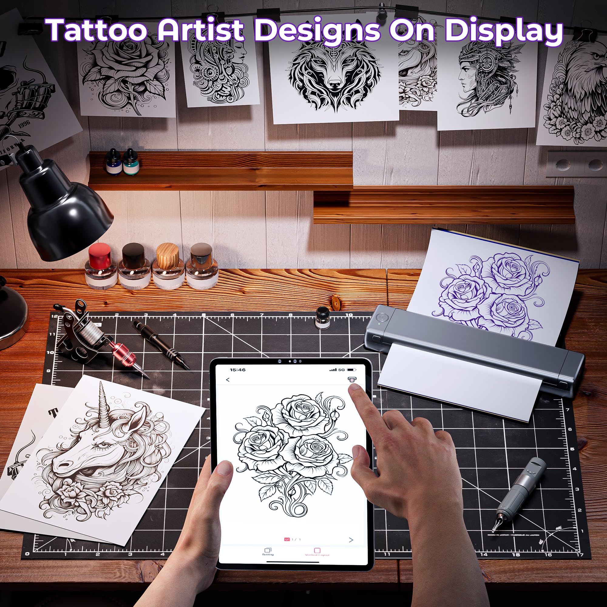Tattoo Drucker Stencil Drucker mit 10 Blatt Stencil Papier für Tattoo Maschine Set, Thermodrucker Tattoo Kompatibel mit IPad & Telefon & PC für Tattoo Künstler und Anfänger DIY Tattoo, Silber