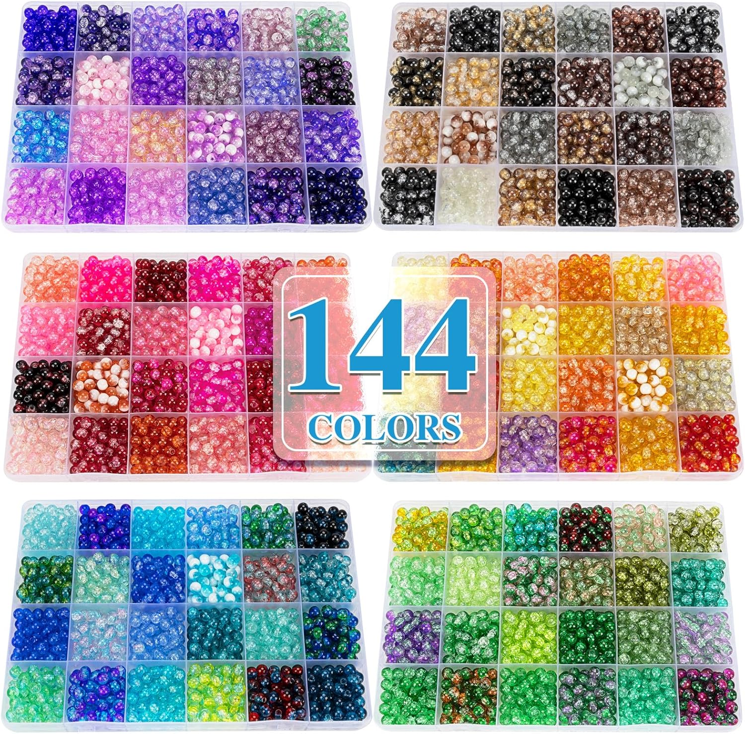 XSEINO About 7200pcs 144 Colors 6mm Crackle Glass Beads Bracelet Making Kit,6Box Different Style Crack Series Colorful Crystal Beads for Bracelet Jewelry Making,DIY Crafts,Friendship Bracelets