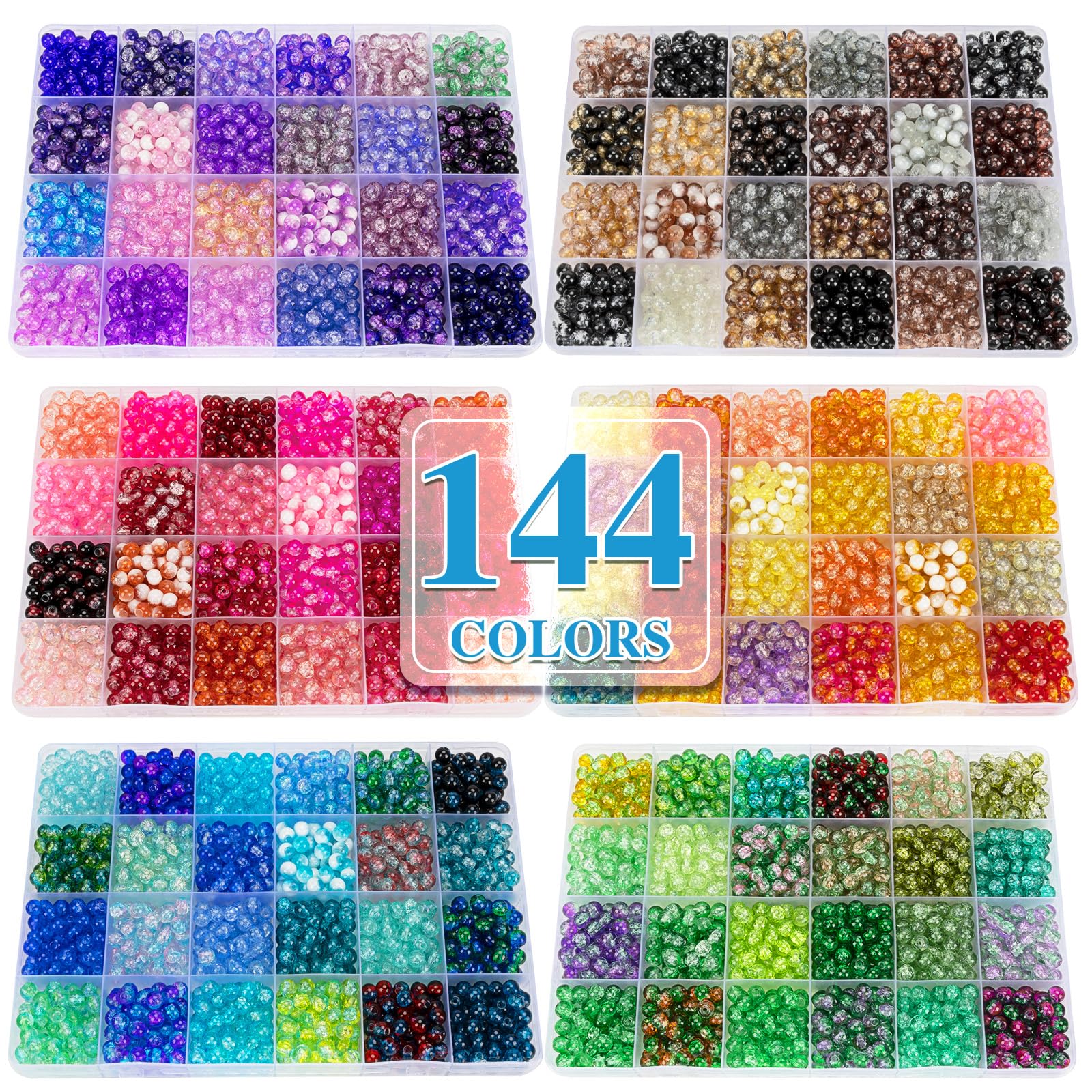 XSEINO - Kit para hacer pulseras con cuentas de vidrio agrietadas de 6 mm y 144 colores (7200 unidades), 6 cajas de diferentes estilos, para hacer joyas, manualidades y pulseras de la amistad.