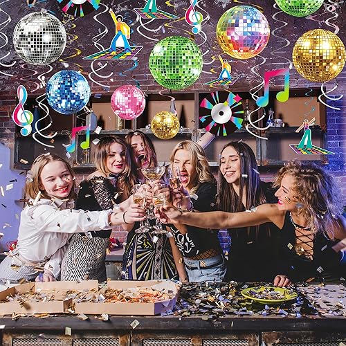 Miniatura 3 de 52 decoraciones de remolino retro de la bola de discoteca de los años 70 para fiestas temáticas de discotecas, suministros de decoración de fiesta