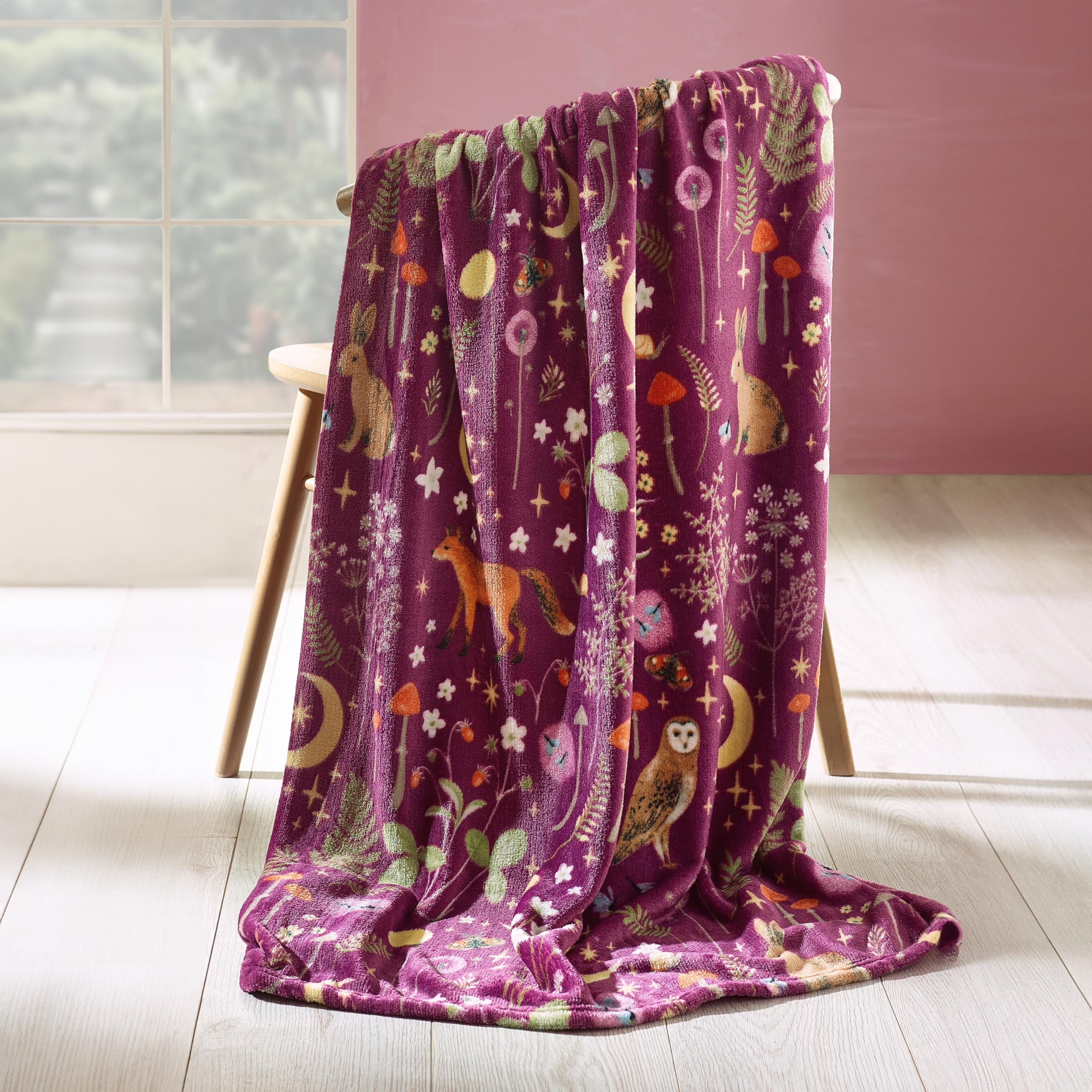 Catherine Lansfield Enchanted Twilight Animals Blanket Throw Plum