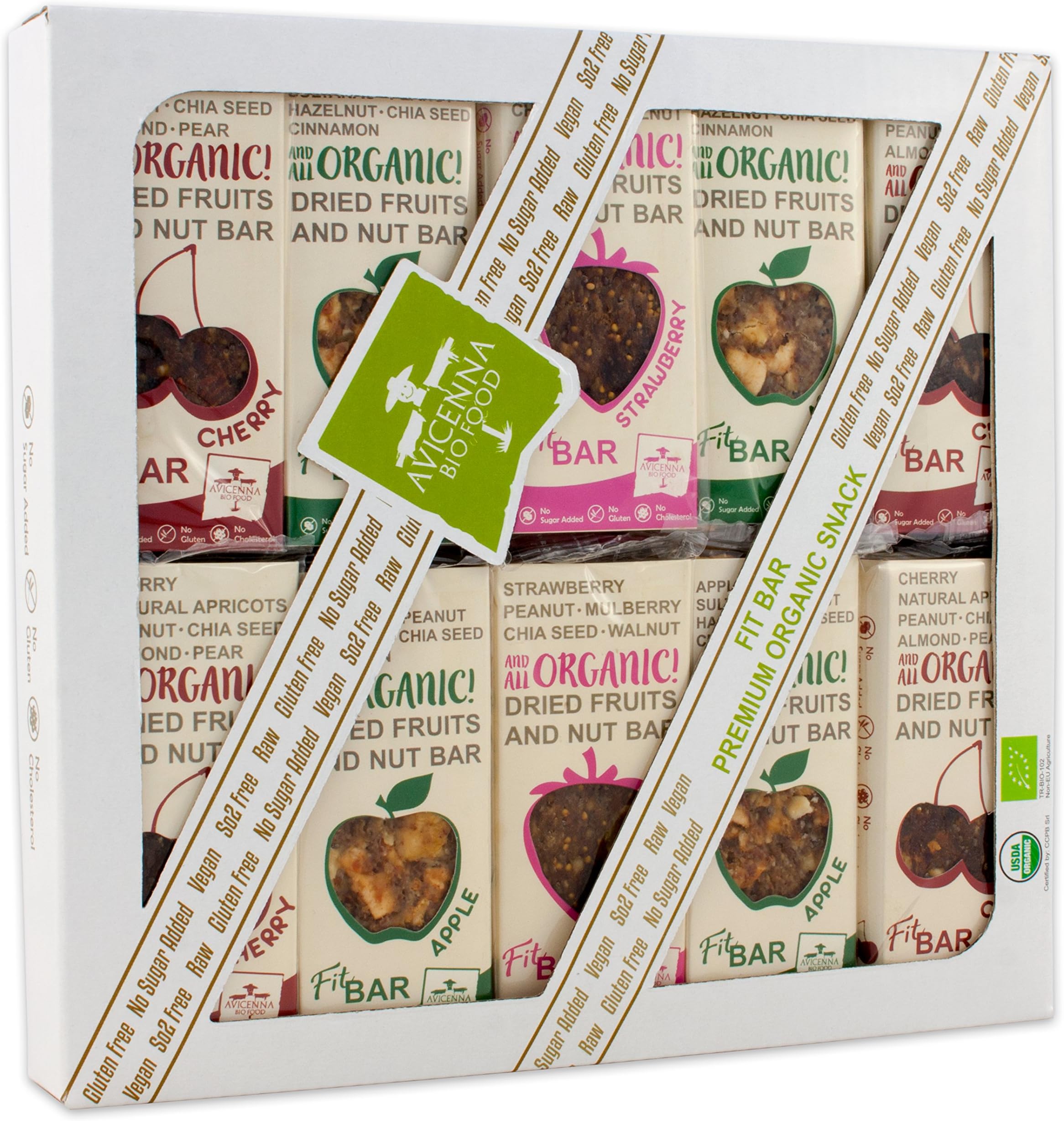 Fit BAR Organic Fruit Bars (Gift Box 20x30g) Premium Quality | Vegan | Gluten Free | Raw | Dairy Free | No Sugar Added | Healthy Snack | Certified | Natural Bars | Great Taste of Organic Dried Fruit & Nut Bars by Avicenna BIO Food