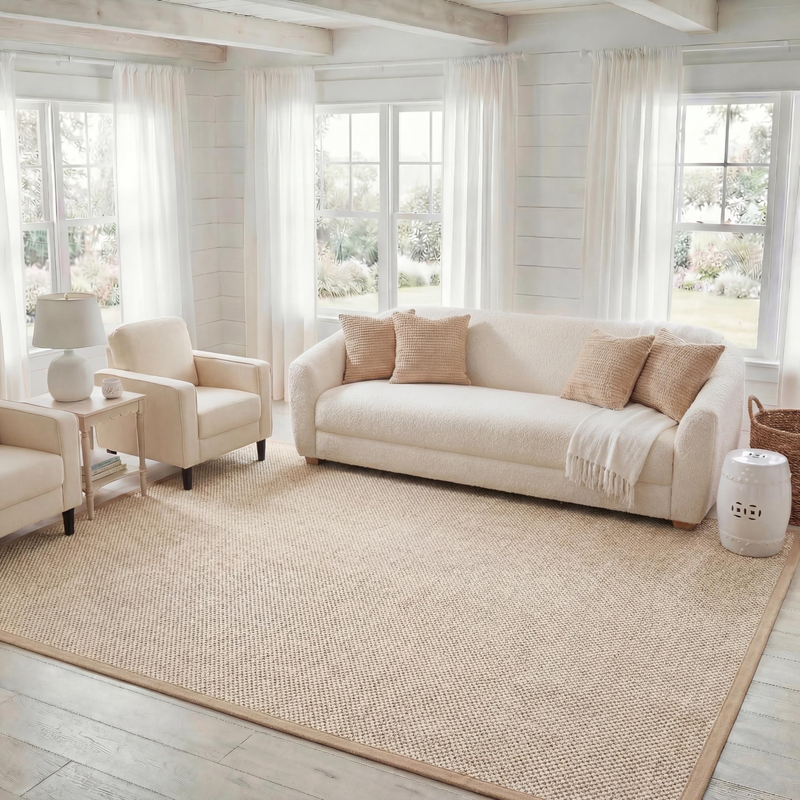 Natural Fiber Area Rug 8x10 Large Textured, Marble & Linen NF143B