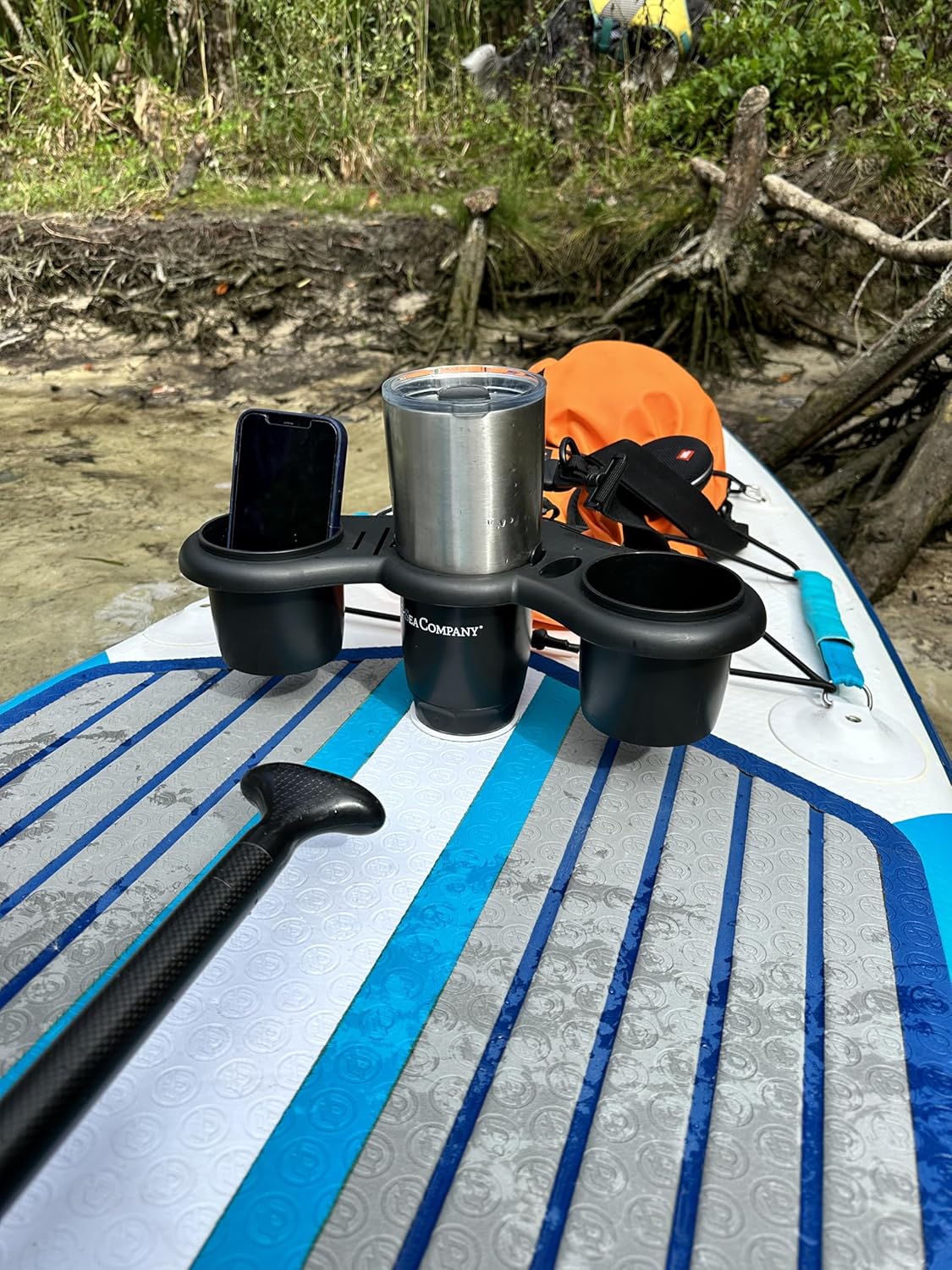 E-Sea Caddy Pro- (Black). Multi Cup Suction Mounted Drink Holder w/Knife, Pliers, Hook and Sunglass Storage. Perfect for Boats, Paddle Boards, Kayaks, Camping and More!