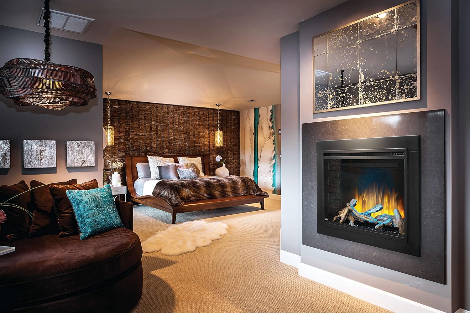 Napoleon Element Electric Fireplace integrated into a modern bedroom setting.