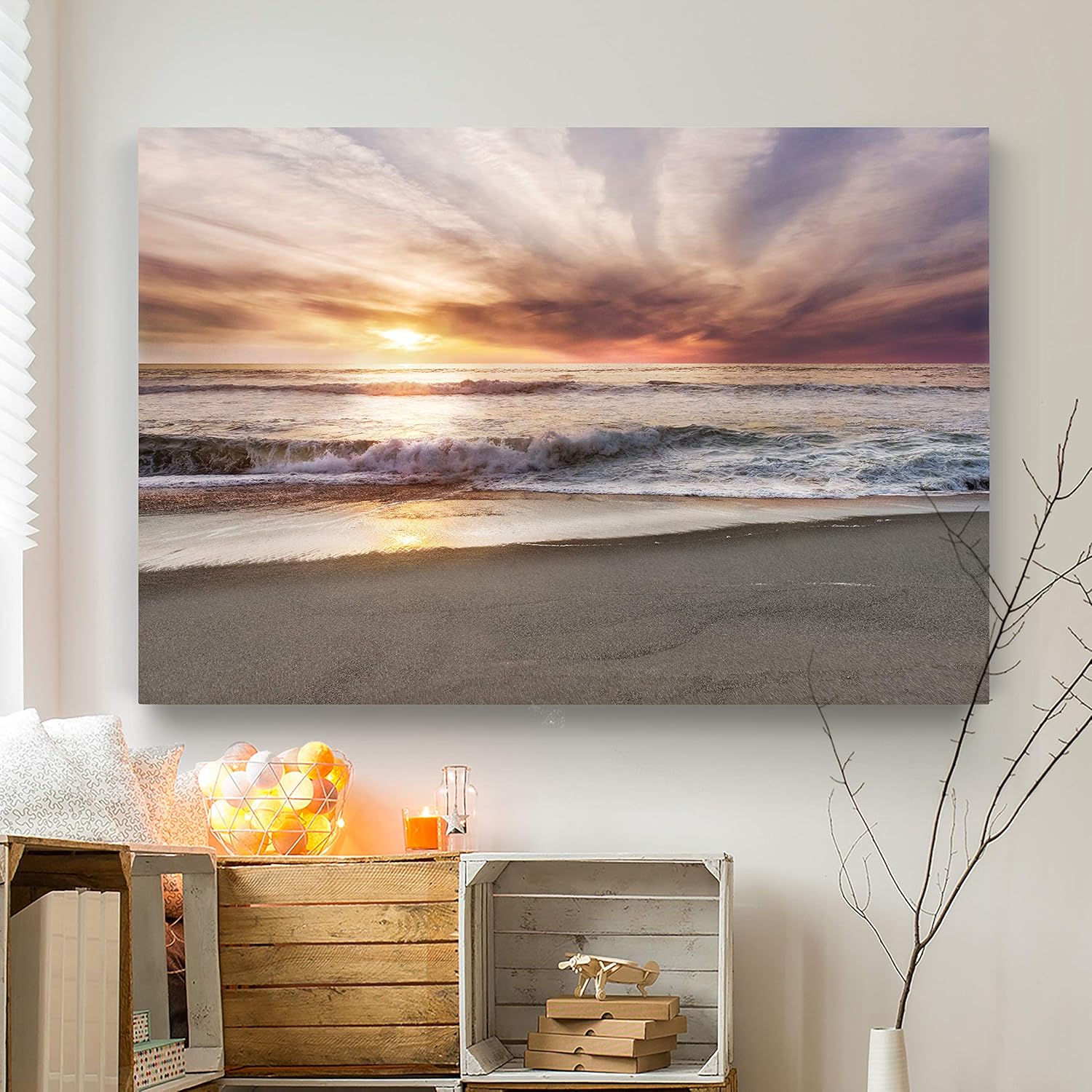 Renditions Gallery Landscape Photographic Pictures Print Artwork Canvas Wall Art Decorations for Home Office Ready to Hang, 12x18, Point Reyes Beach Sunset
