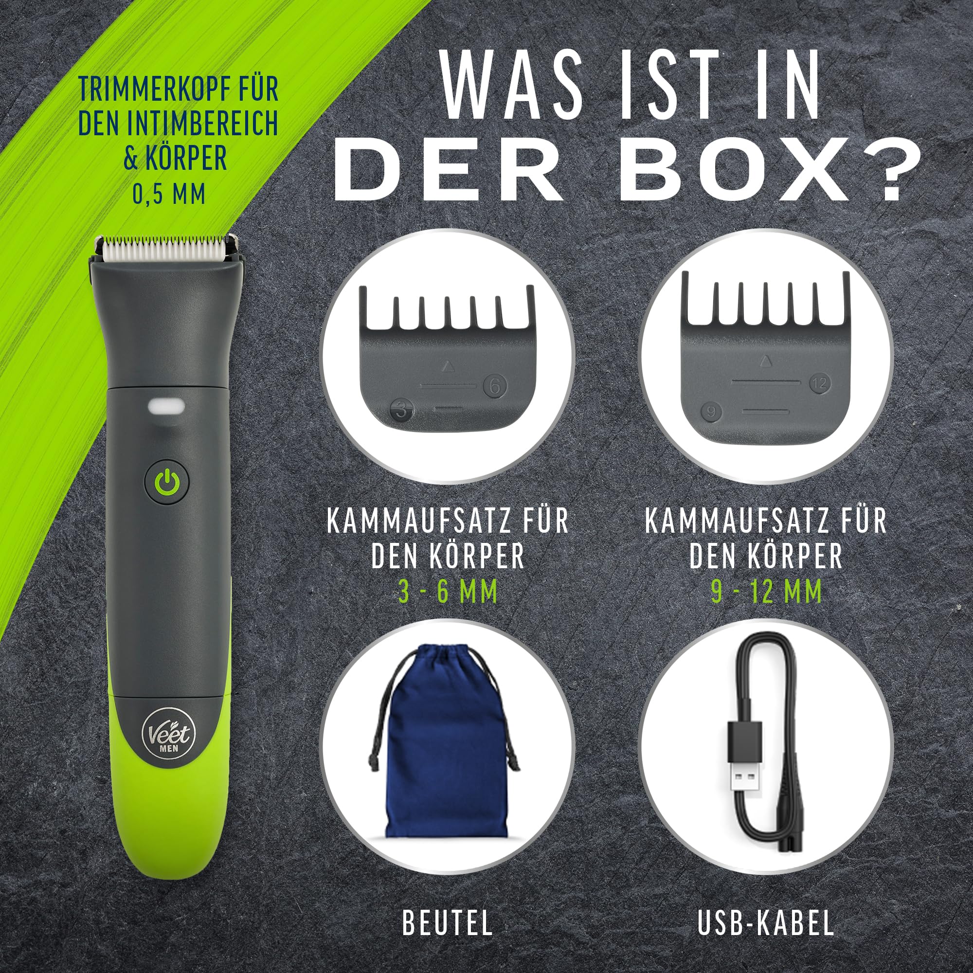 Veet Men Intimate Trimmer - Intimrasierer für Männer - Intim- und Körperrasierer für Intimbereich, Gesicht, Achseln & Oberkörper - Wasserfester Herren Haartrimmer & Rasierer, Packaging May Vary