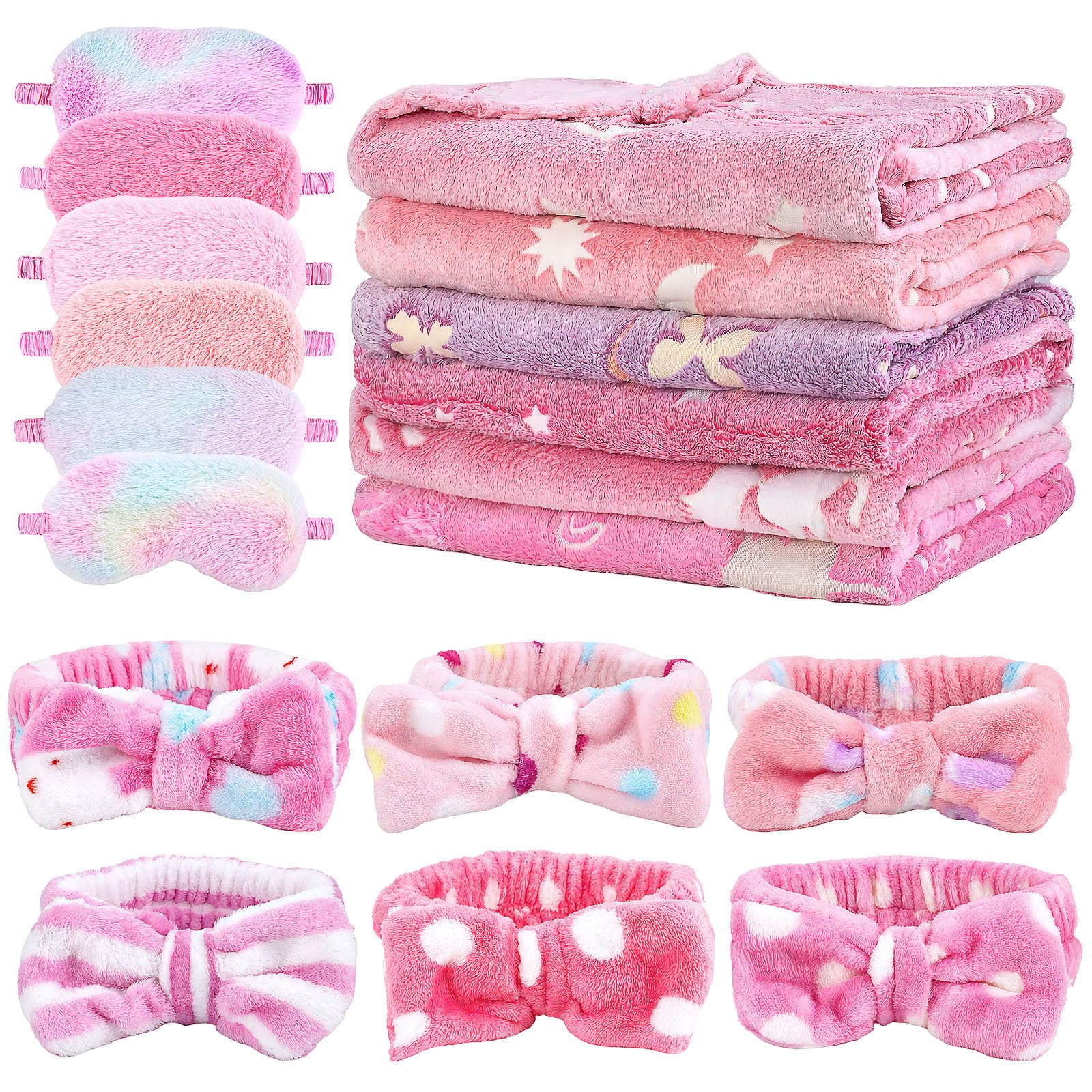DHNDO 18 Pcs Sleepover Party Supplies for Girls Women, 6 Sets Glow in The Dark Unicorn Blanket, Fleece Headband Plush Eye Mask for Sleeping Slumber Sleepover Spa Party Birthday Gift