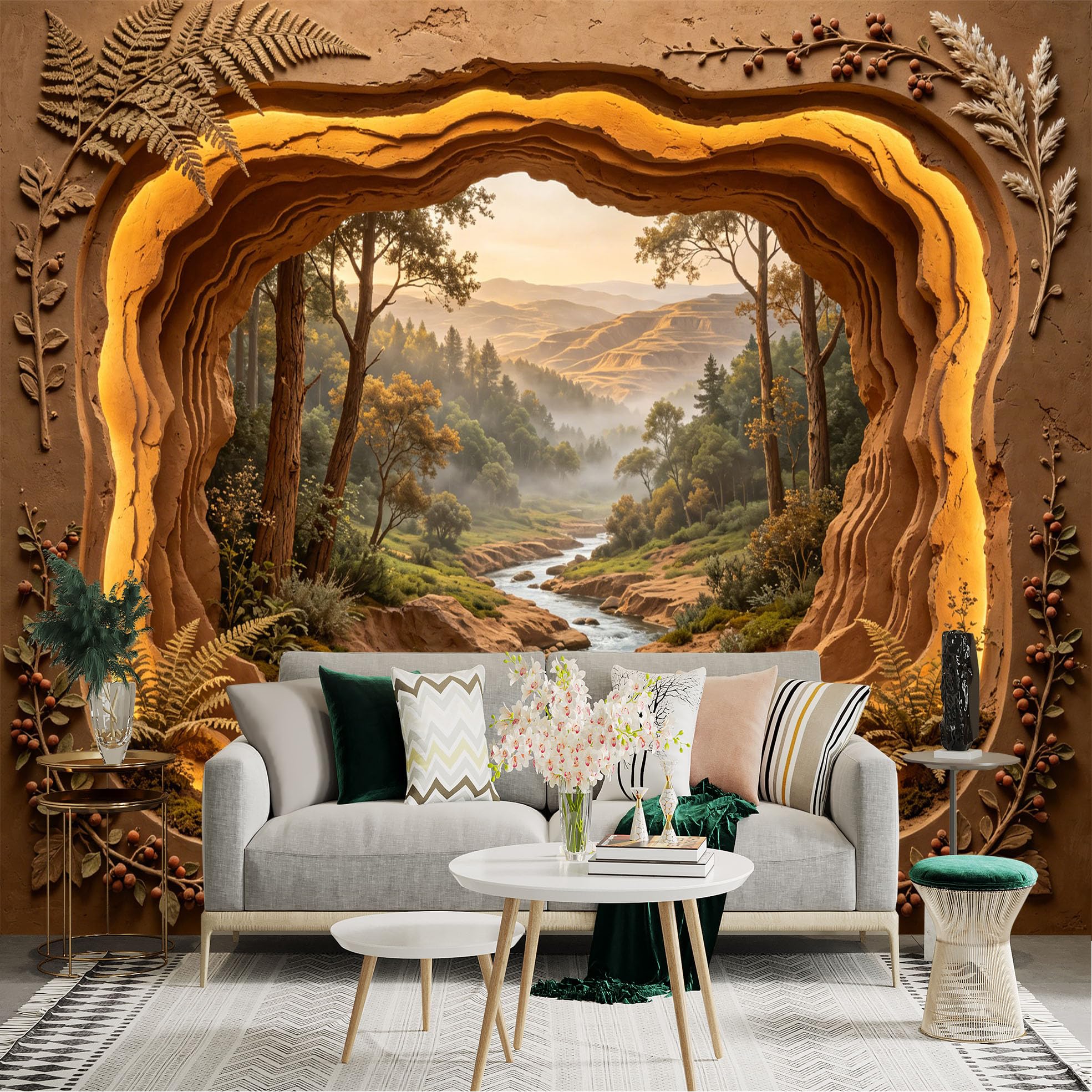Custom Size Wall Sticker Mural， Sunset Forest Landscape with River and Mountain View， for wall Decoration， peelandstick wall Decals.