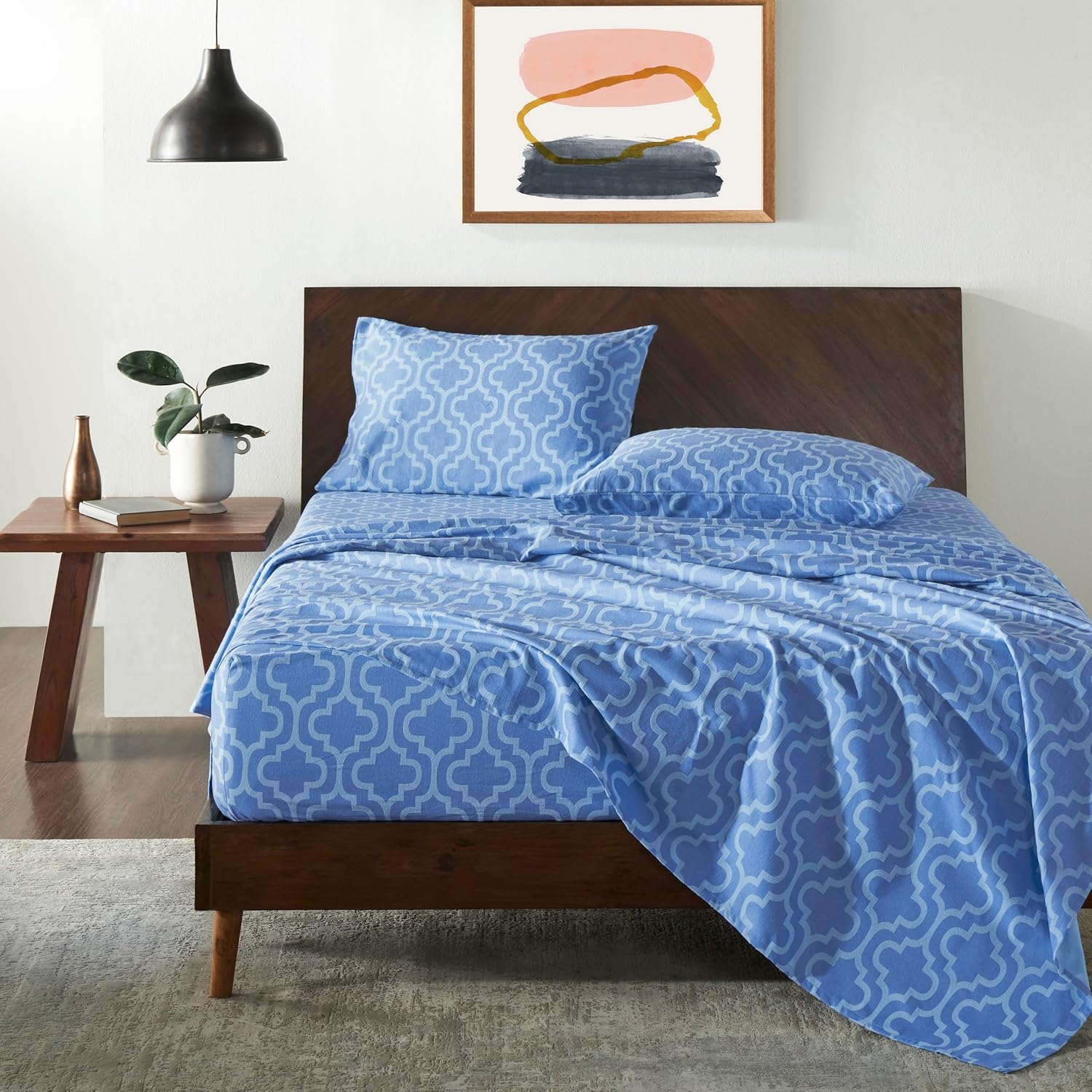 Superior Extra Soft Printed All Season 100% Brushed Cotton Flannel Trellis Bedding Sheet Set with Deep Pockets Fitted Sheet - Light Blue Trellis, Queen Size