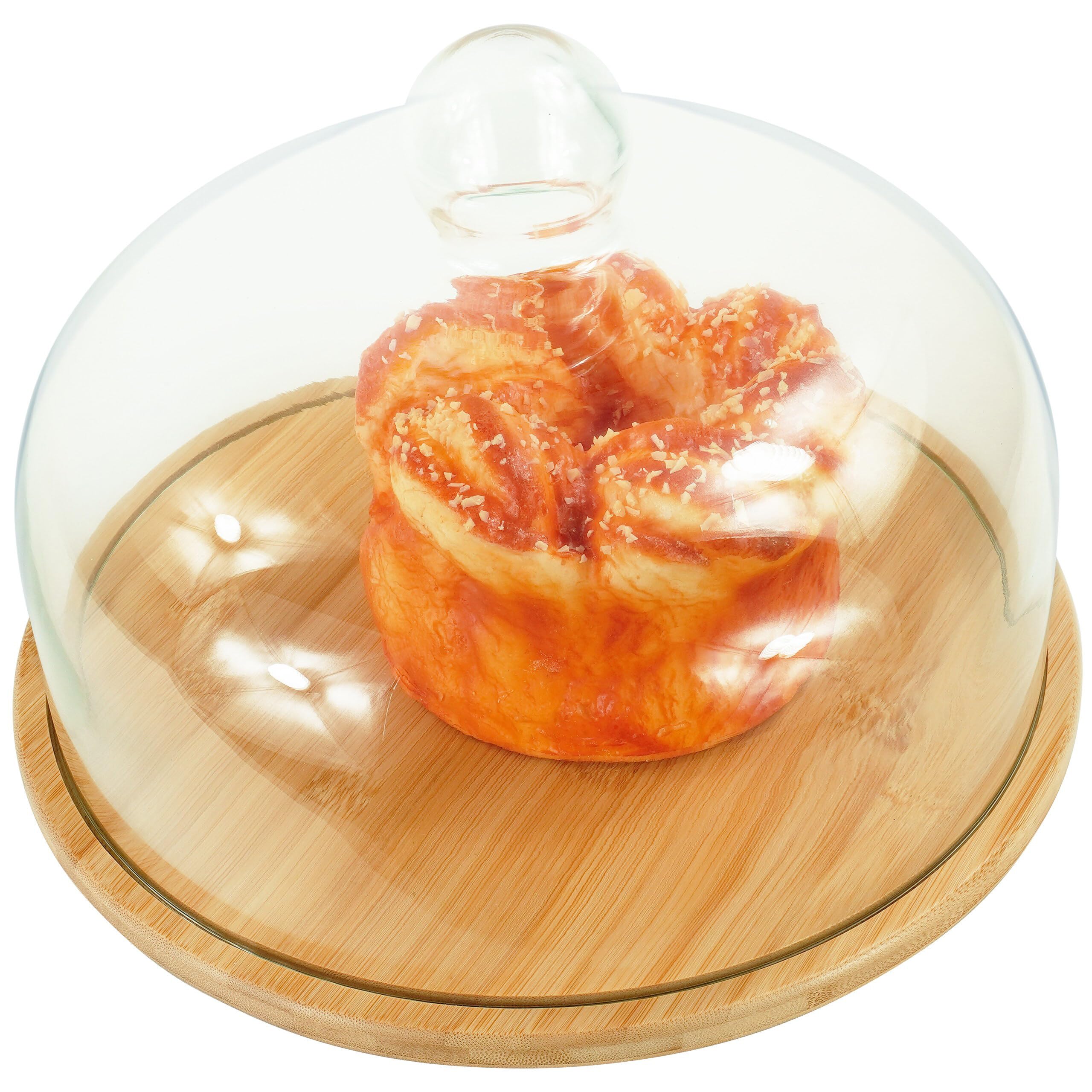 Relaxdays Plat à gâteaux, Couvercle en Verre, Conserve la fraîcheur, HxD : 16x28 cm, Cloche à Fromage en Bambou, Naturel