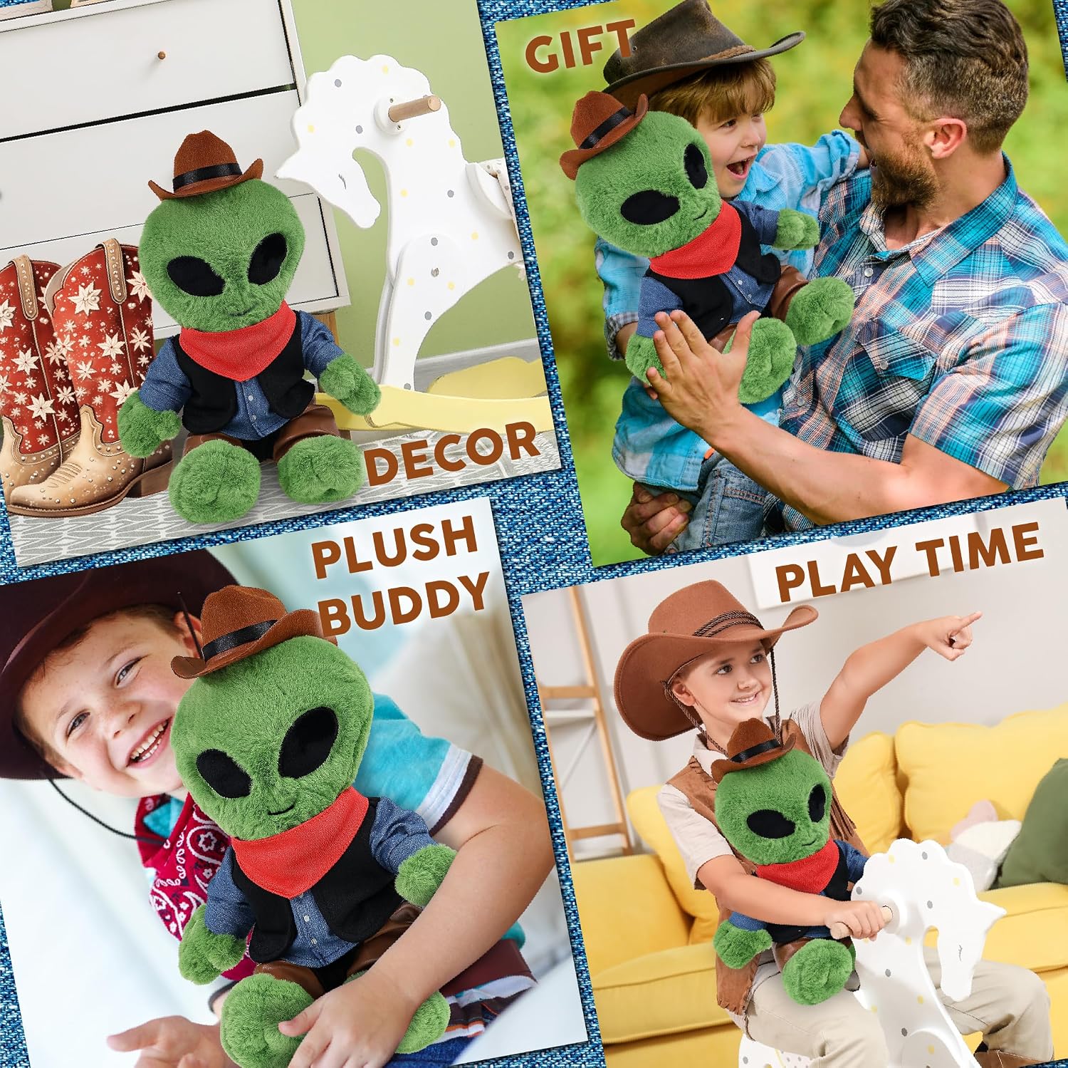 DolliBu Alien Stuffed Doll Cowboy Plush with Name Personalization - Western-Themed Alien Plush with Cute Cowboy Costume Denim Shirt Vest, Bandana, Leather Pants, and Hat - 11 Inches