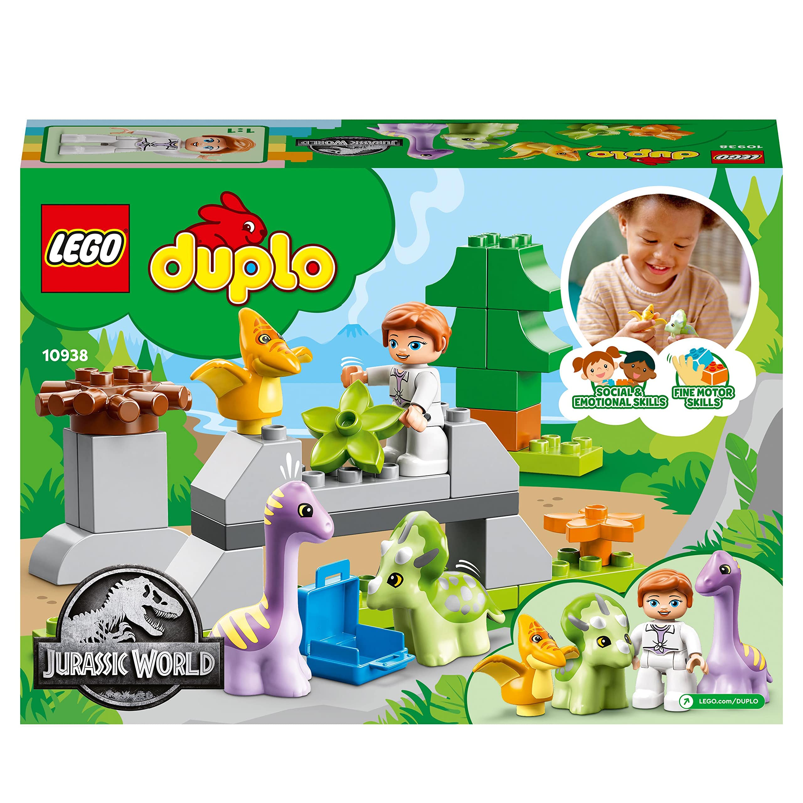 LEGO 10938 DUPLO Jurassic World Dinosaurier Kindergarten mit Baby Dino Figuren und Triceratops, Spielzeug und Steine für Kleinkinder ab 2 Jahre, Mädchen und Jungen