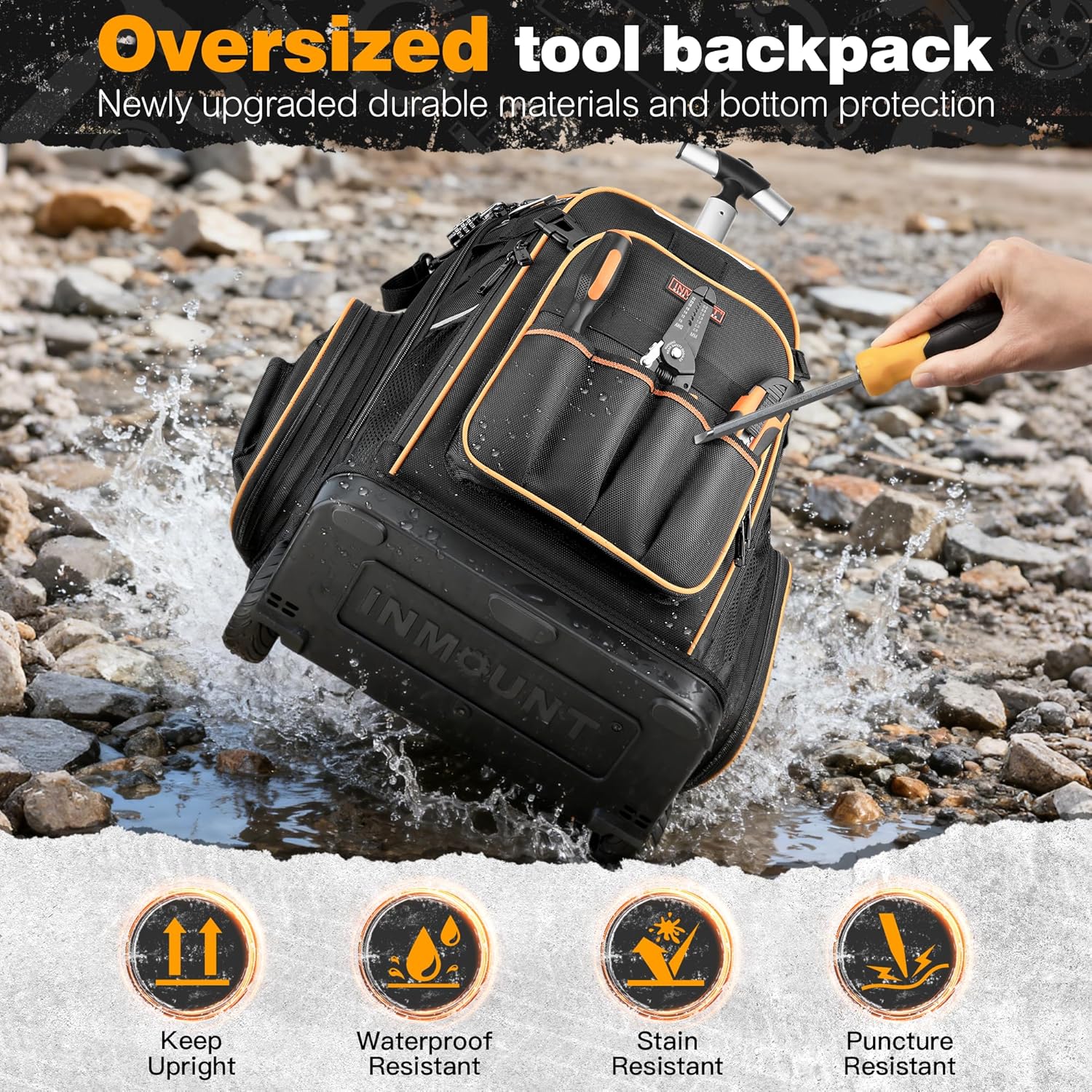 Rolling Tool Backpack Bag with Wheels, Heavy Duty Tool Bag on Wheels for Men, HVAC Electrician Plumber Large Tool Organizer with Molded Base, Combination Lock & USB Port for Construction Jobsite