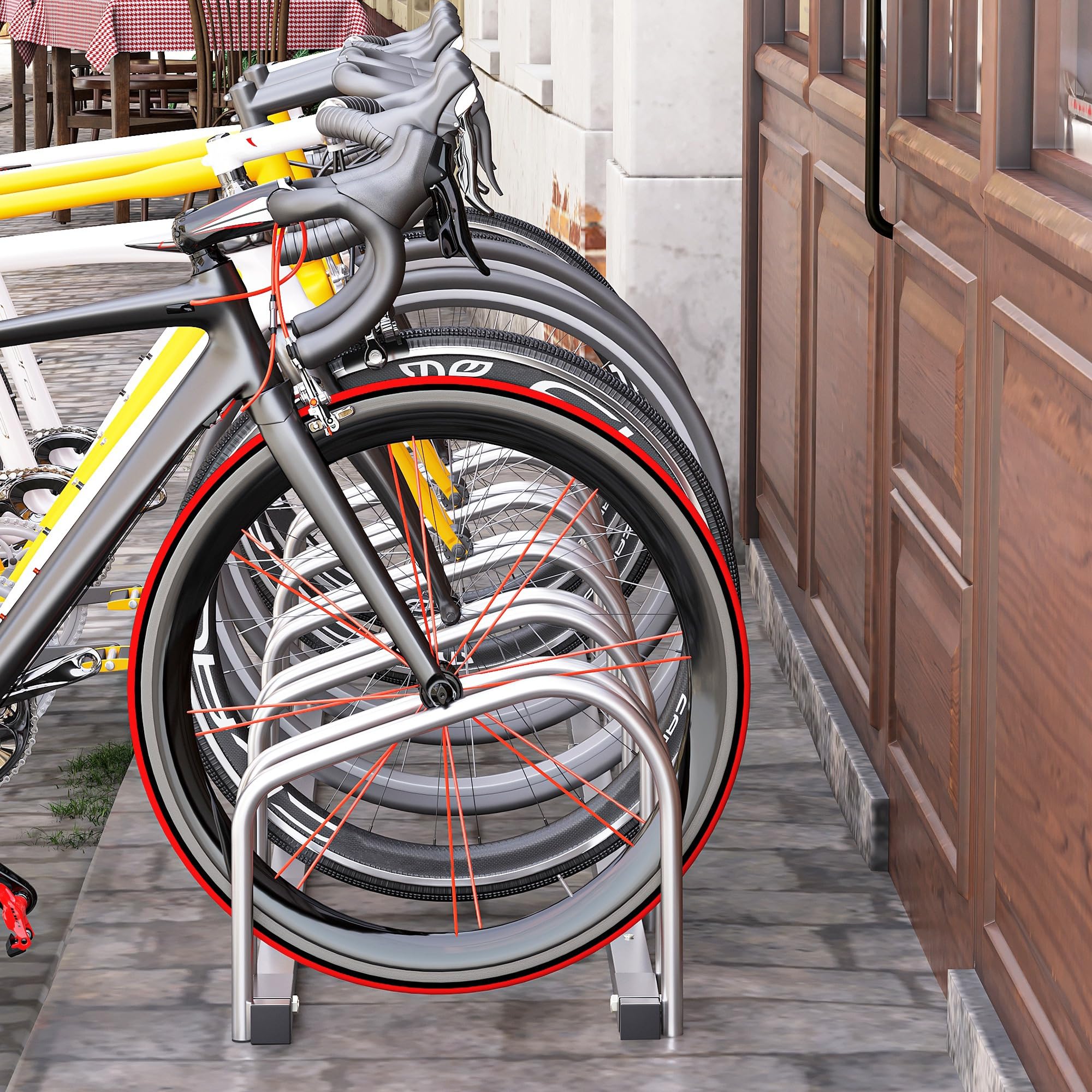 HOMCOM Rastrelliera Biciclette da Pavimento o Parete, Portabici da Terra per 5 Biciclette in Acciaio, Ruote Fino 65 mm, 145x33x27 cm, Argento