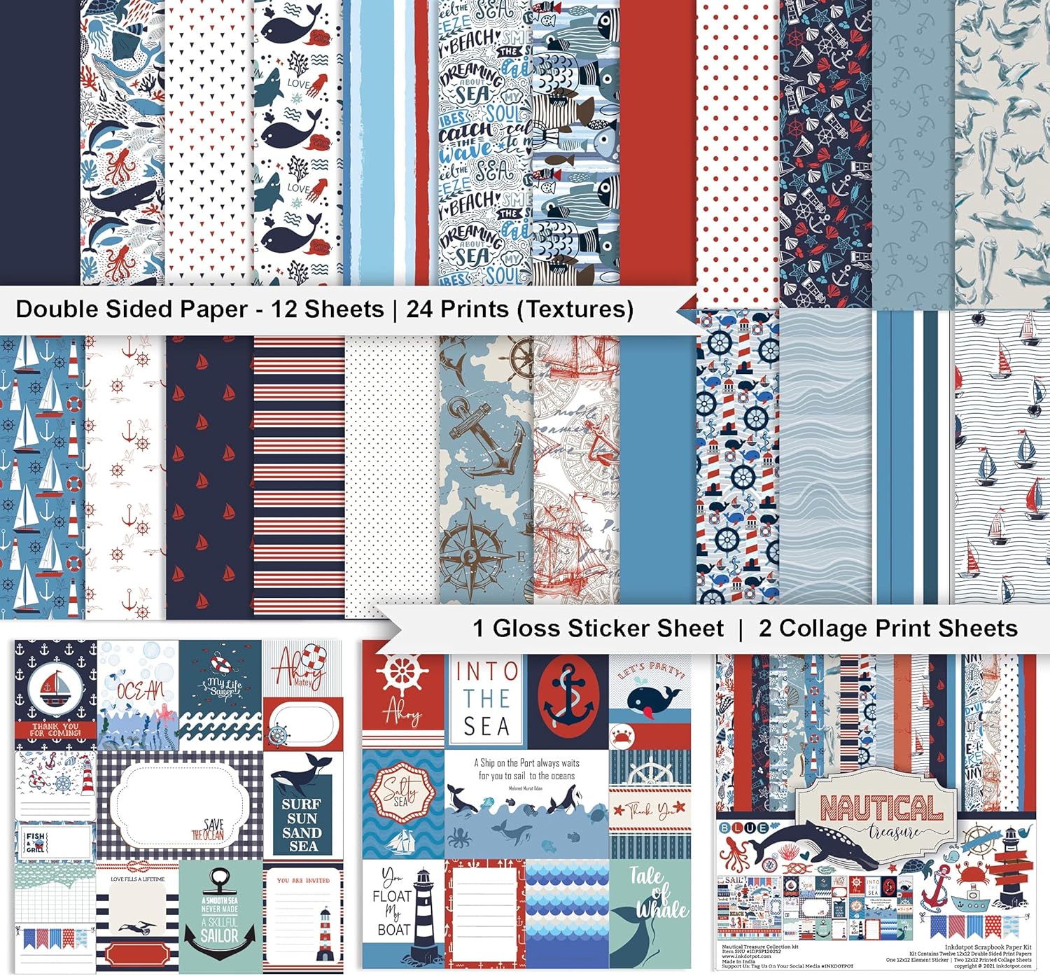 Inkdotpot Nautical Treasure Theme Collection Double-Sided Scrapbook Paper Kit Cardstock 12"x12" Card Making Paper Pack with Sticker Sheet - 16 Pages - Red & Blue
